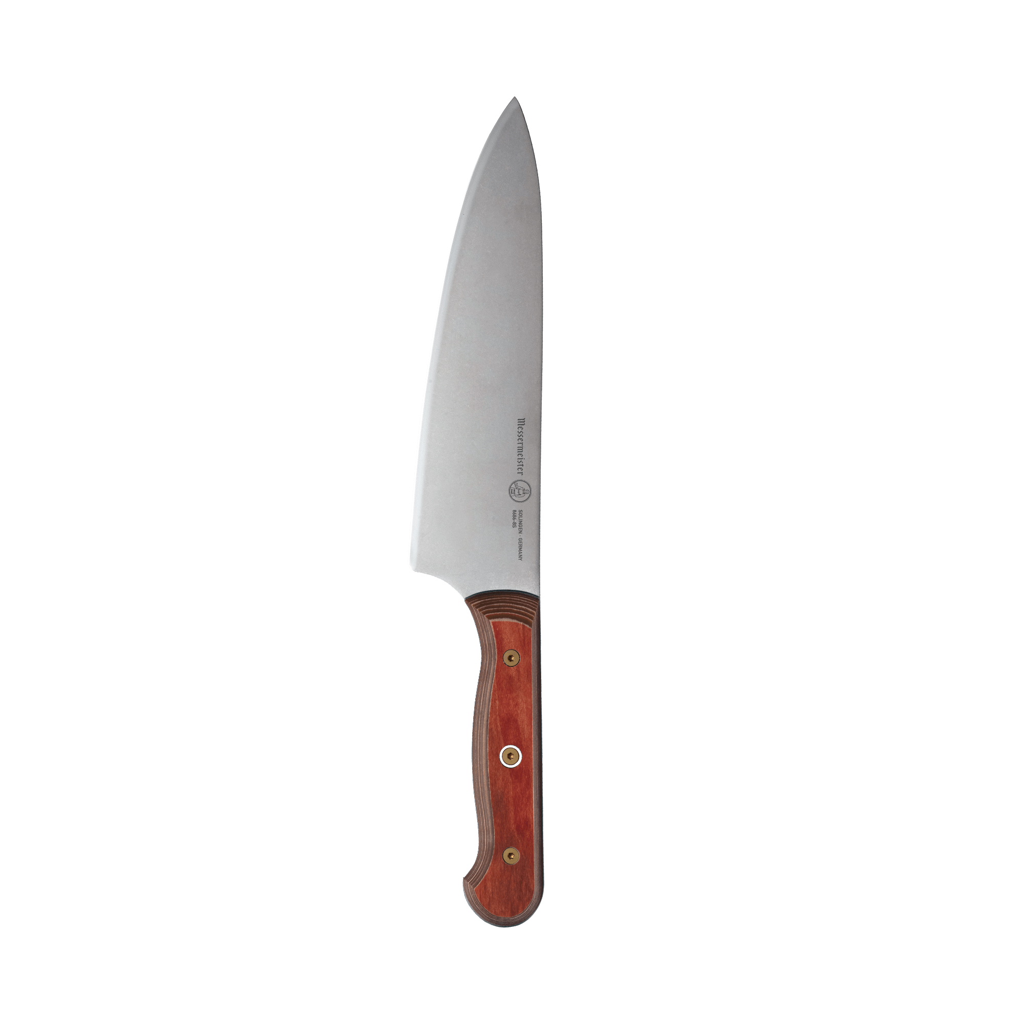 Messermeister Custom Red 8-inch chef’s knife featuring a broad high-carbon stainless steel blade with a satin finish, paired with a striking red ergonomic handle, full-tang construction, and a sleek modern design
