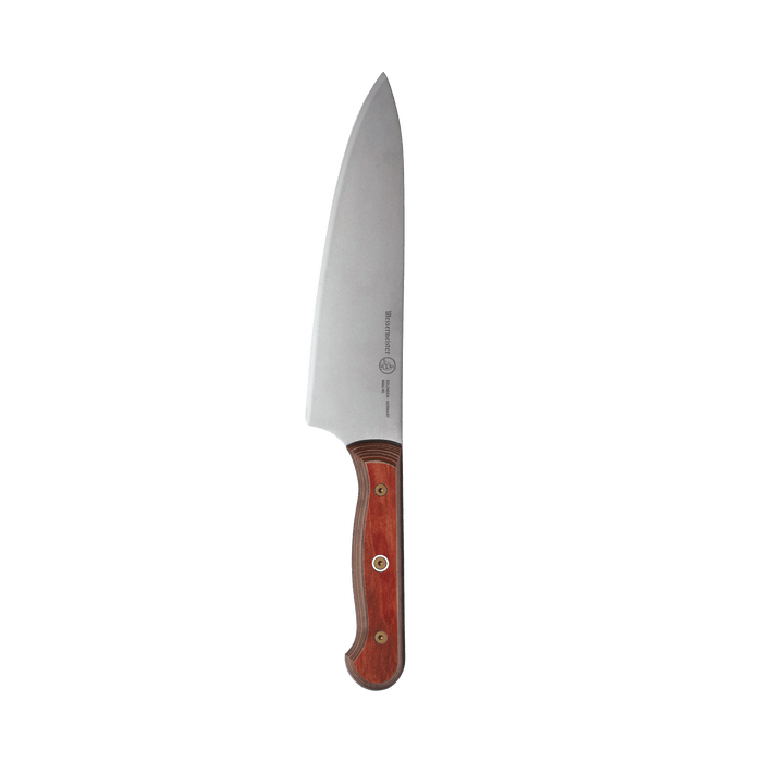 Messermeister Custom Red 8-inch chef’s knife featuring a broad high-carbon stainless steel blade with a satin finish, paired with a striking red ergonomic handle, full-tang construction, and a sleek modern design