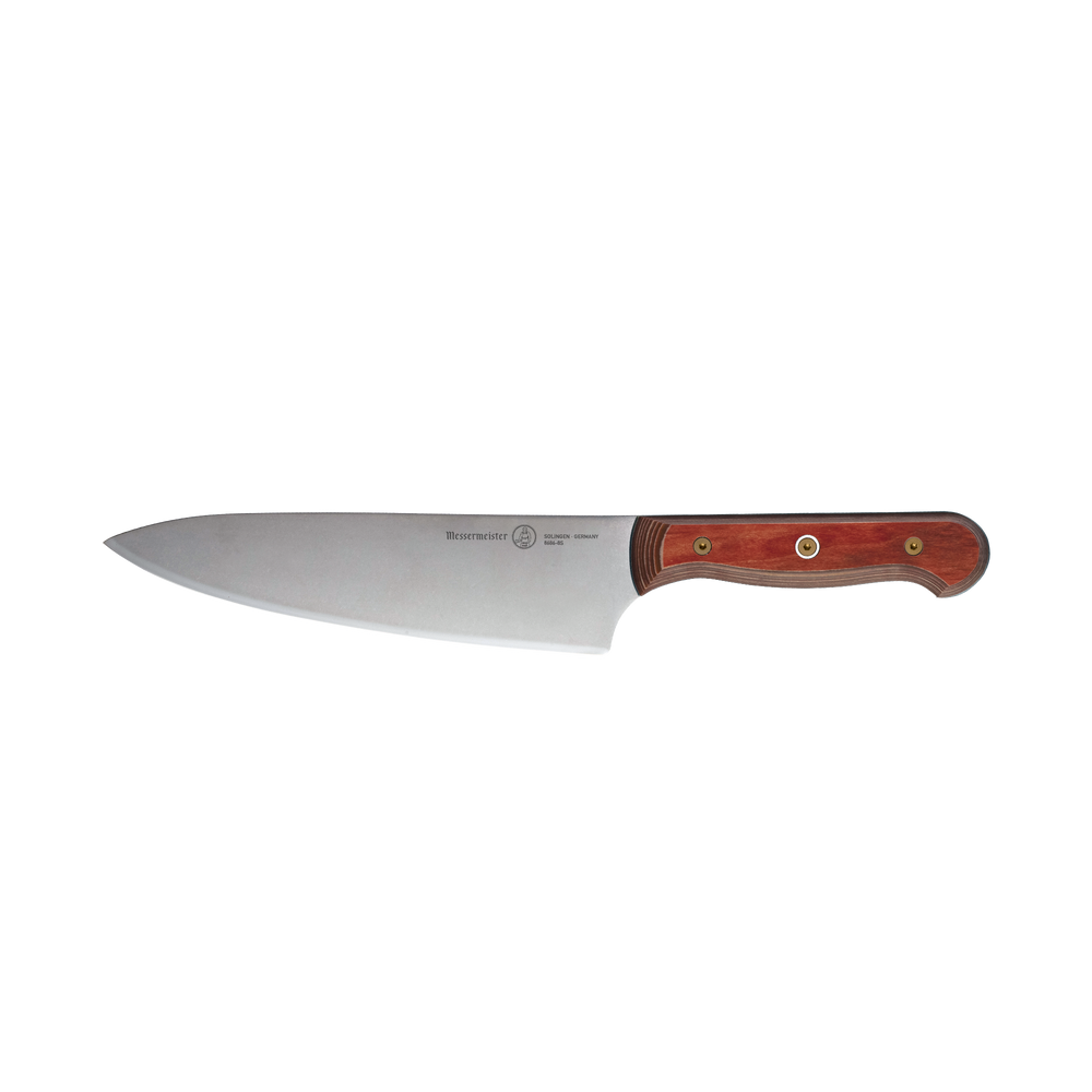 Side view of the Messermeister Custom Red 8-inch chef’s knife, highlighting the full length of the satin-finish stainless steel blade, the gentle curvature of the cutting edge, and the bold red ergonomic handle with visible full-tang construction, highlighting its sleek profile and balanced design.