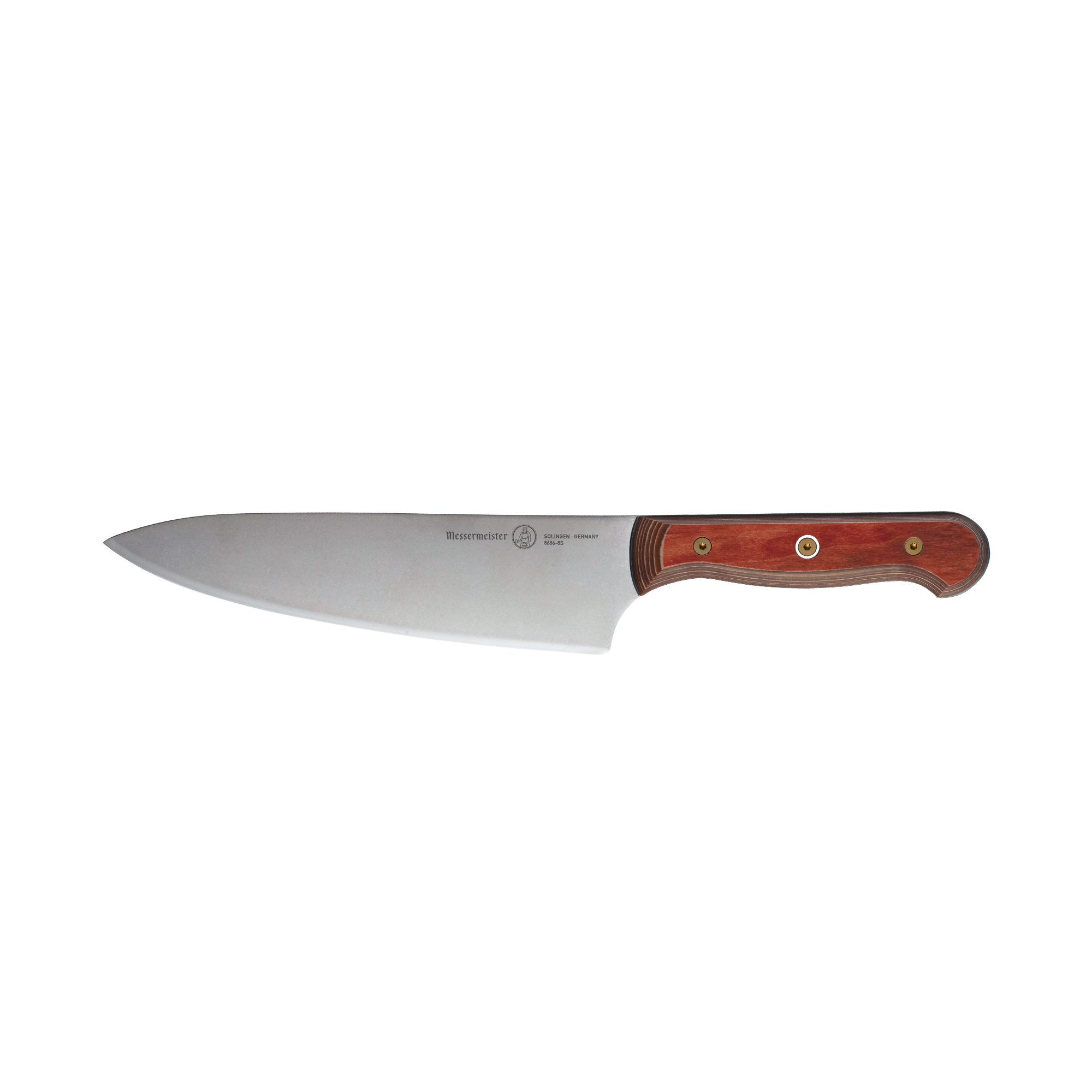 Side view of the Messermeister Custom Red 8-inch chef’s knife, highlighting the full length of the satin-finish stainless steel blade, the gentle curvature of the cutting edge, and the bold red ergonomic handle with visible full-tang construction, highlighting its sleek profile and balanced design.