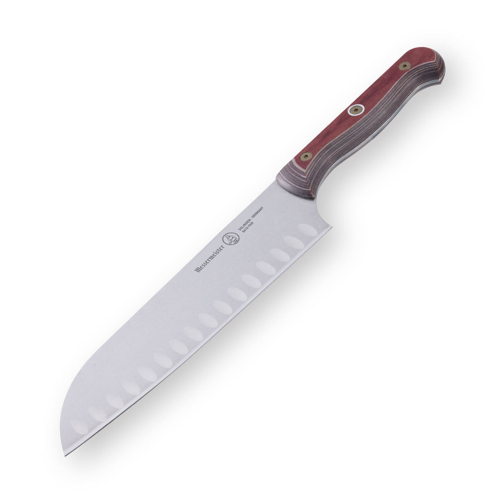 7-inch Messermeister Custom Red Kullens Santoku knife shown at a downward angle, highlighting its granton-edged stainless steel blade with scalloped hollows and red ergonomic handle