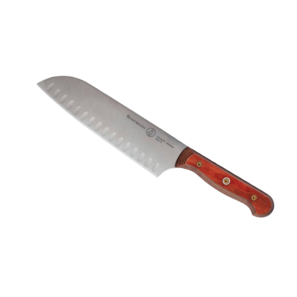 7-inch Messermeister Custom Red Kullens Santoku knife shown at an upward angle, highlighting its granton-edged stainless steel blade and bold red ergonomic handle in full view