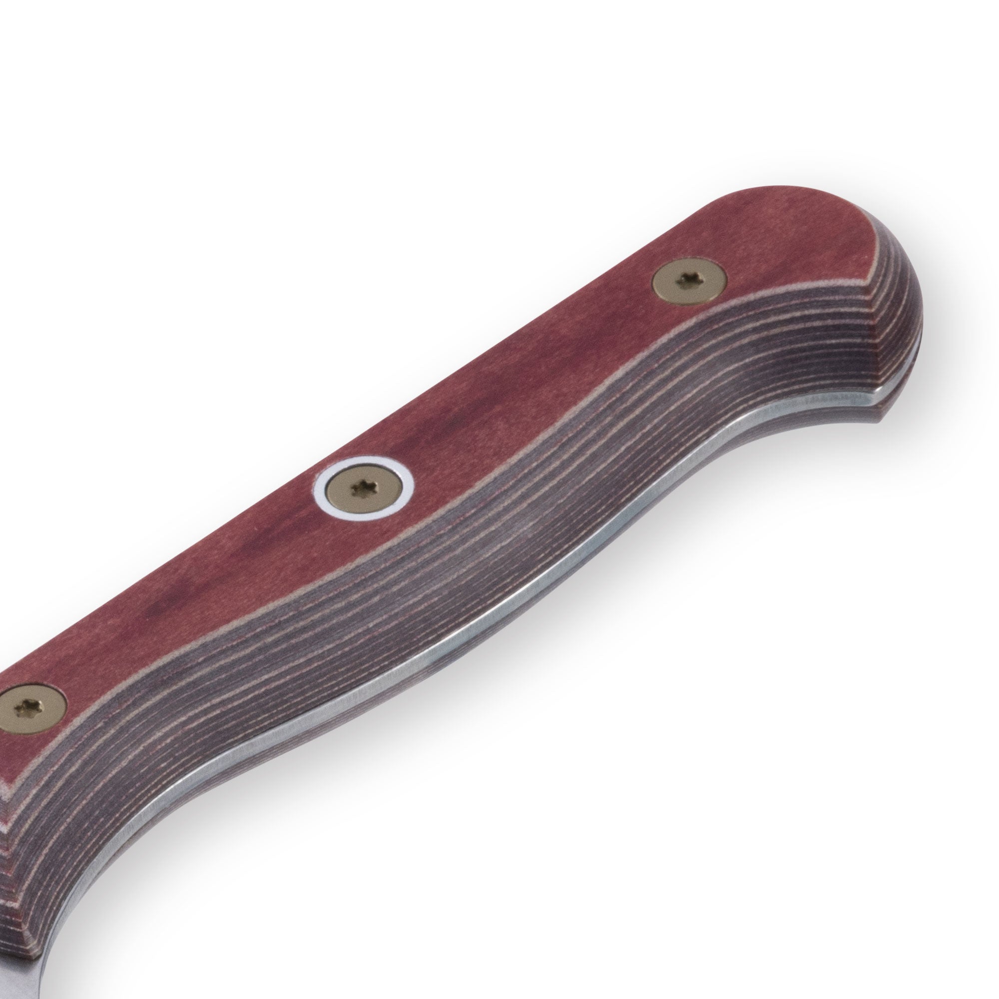 Close-up of the red ergonomic handle on a 7-inch Messermeister Custom Red Kullens Santoku knife, showing its smooth contoured surface and comfortable grip design