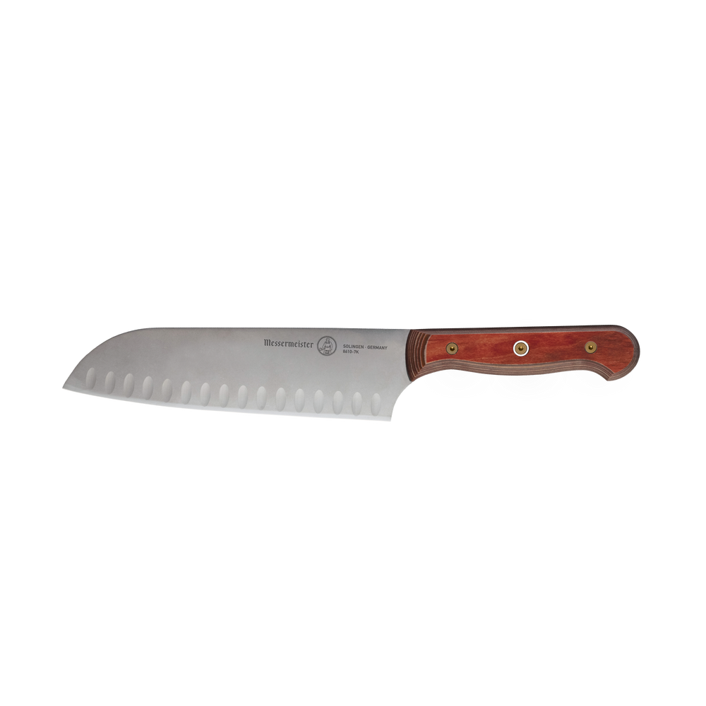 Side view of a 7-inch Messermeister Custom Red Kullens Santoku knife, showing a polished granton-edged stainless steel blade with scalloped hollows and a red ergonomic handle