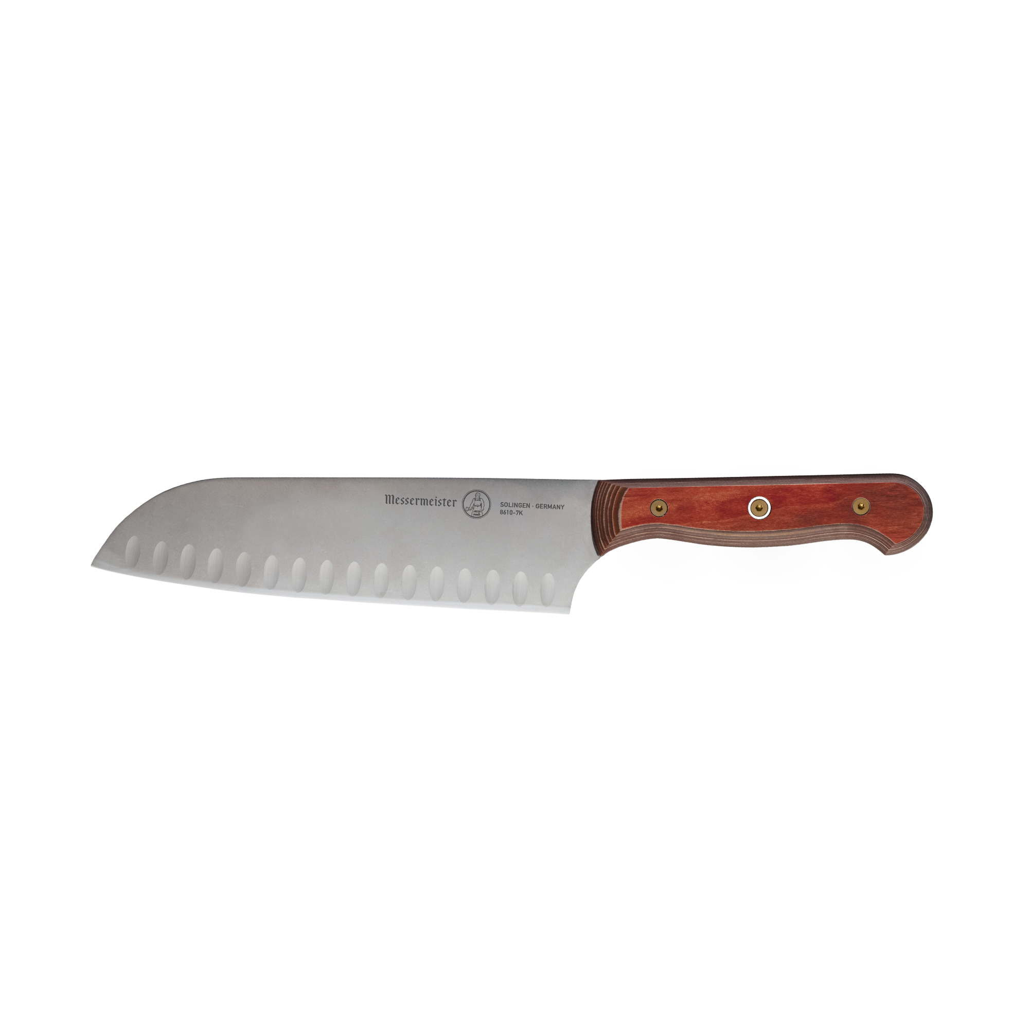 Side view of a 7-inch Messermeister Custom Red Kullens Santoku knife, showing a polished granton-edged stainless steel blade with scalloped hollows and a red ergonomic handle