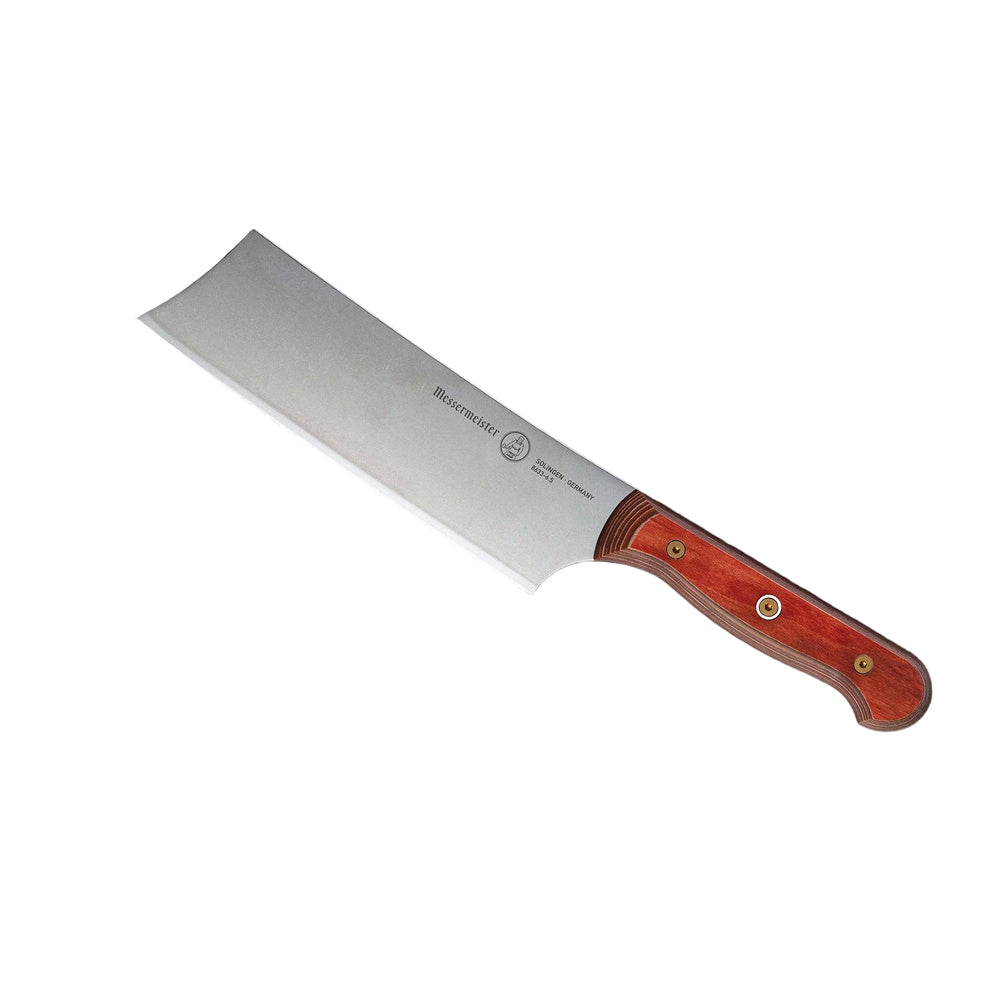 6.5-inch Messermeister Custom Red Nakiri knife shown at an upward angle, emphasizing its straight rectangular stainless steel blade and bold red ergonomic handle