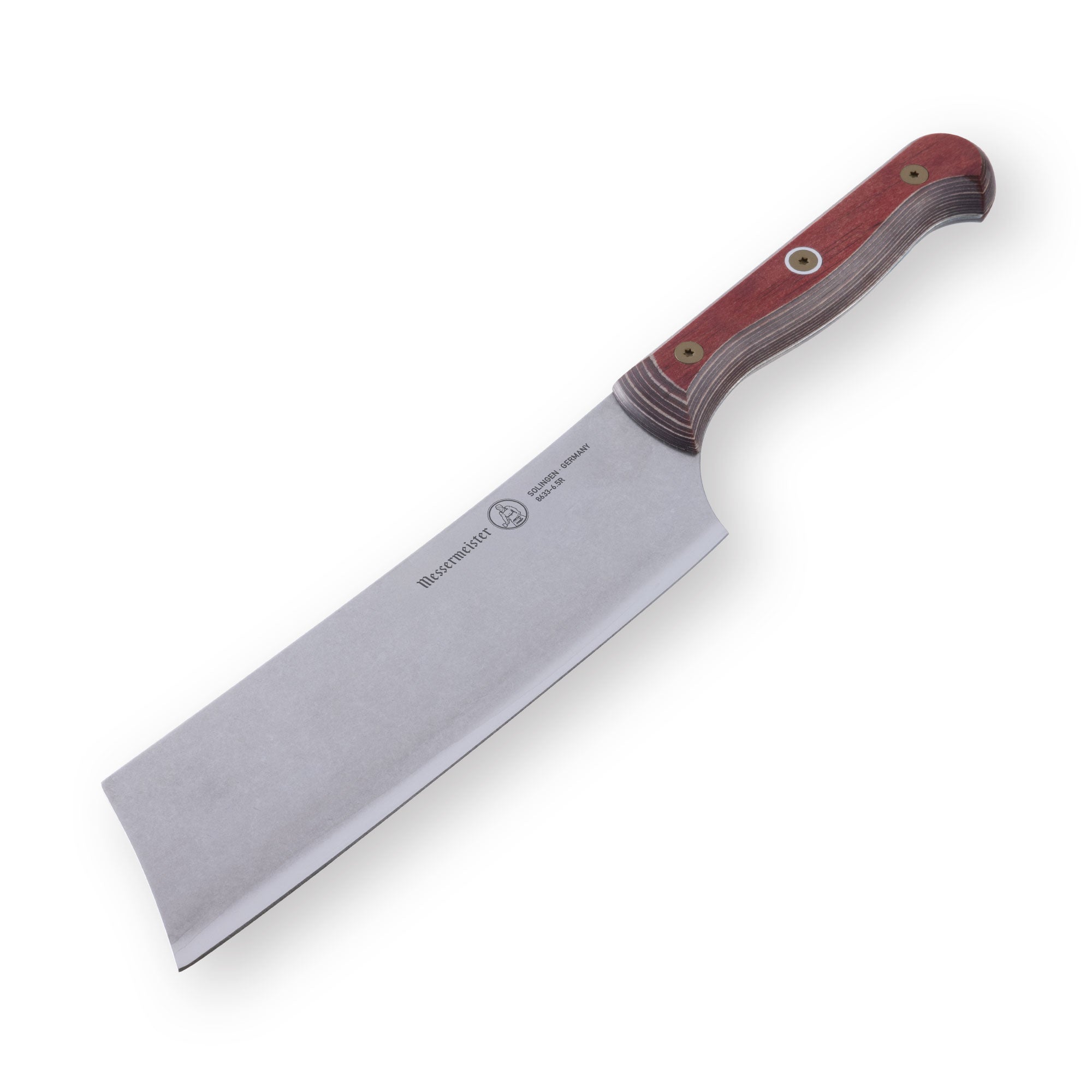 6.5-inch Messermeister Custom Red Nakiri knife shown at a downward angle, highlighting its straight rectangular stainless steel blade and bold red ergonomic handle