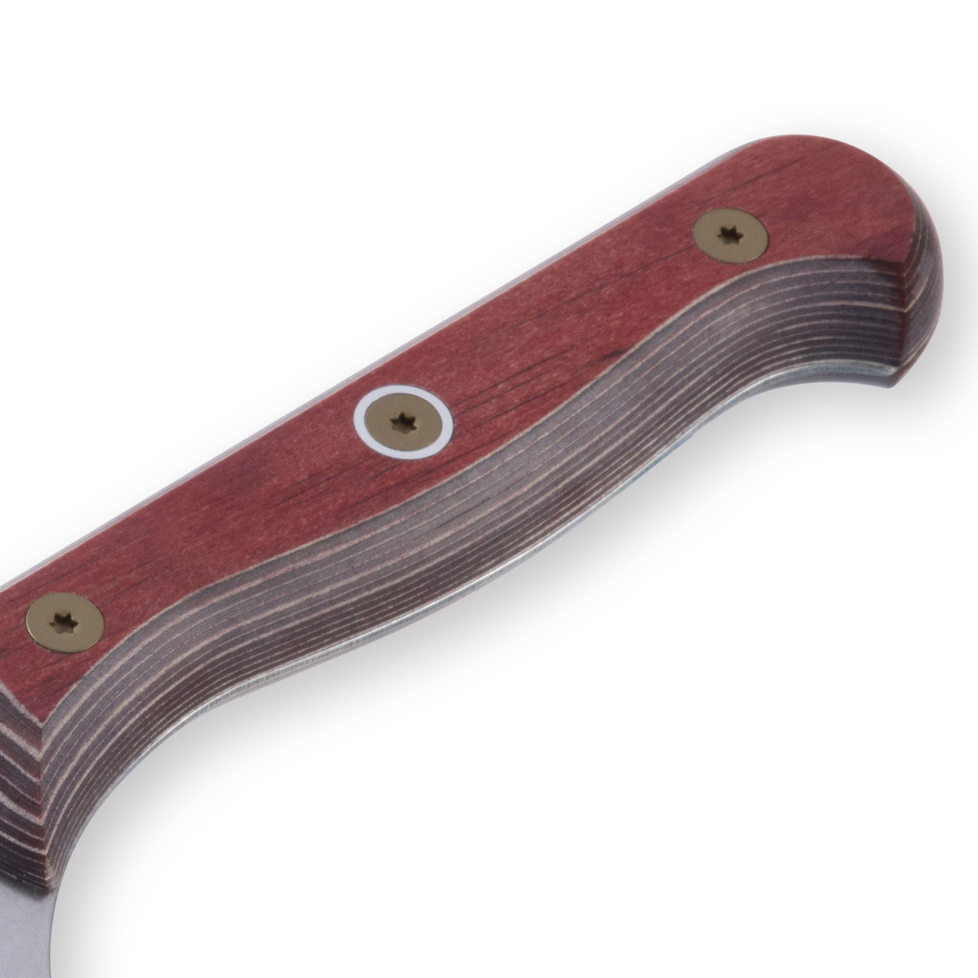 Close-up of the red ergonomic handle on a 6.5-inch Messermeister Custom Red Nakiri knife, showing its smooth contours, secure grip texture, and clean transition to the steel blade.