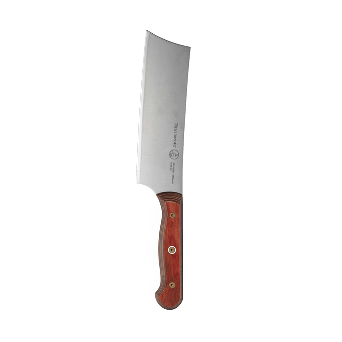 .5-inch Messermeister Custom Red Nakiri knife with a straight-edged rectangular stainless steel blade and bold red ergonomic handle, designed for precise vegetable slicing.
