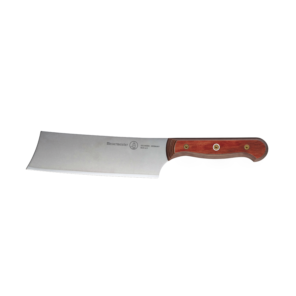 Side view of a 6.5-inch Messermeister Custom Red Nakiri knife, showing its straight rectangular stainless steel blade and bold red ergonomic handle with clean, balanced lines