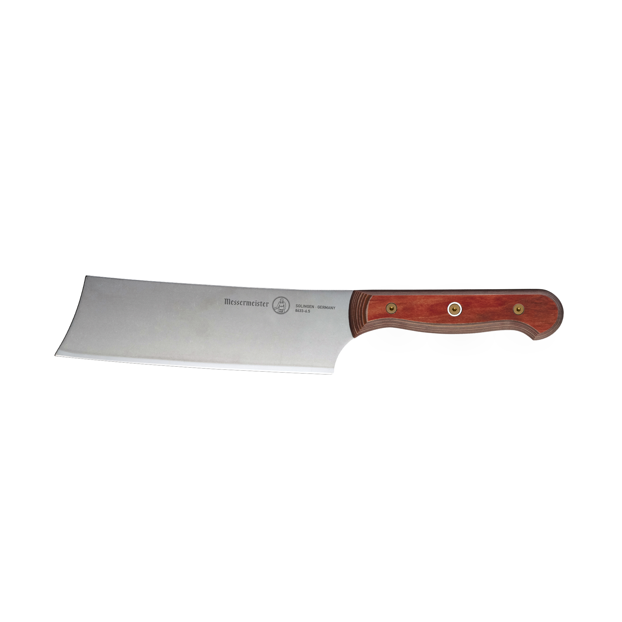 Side view of a 6.5-inch Messermeister Custom Red Nakiri knife, showing its straight rectangular stainless steel blade and bold red ergonomic handle with clean, balanced lines