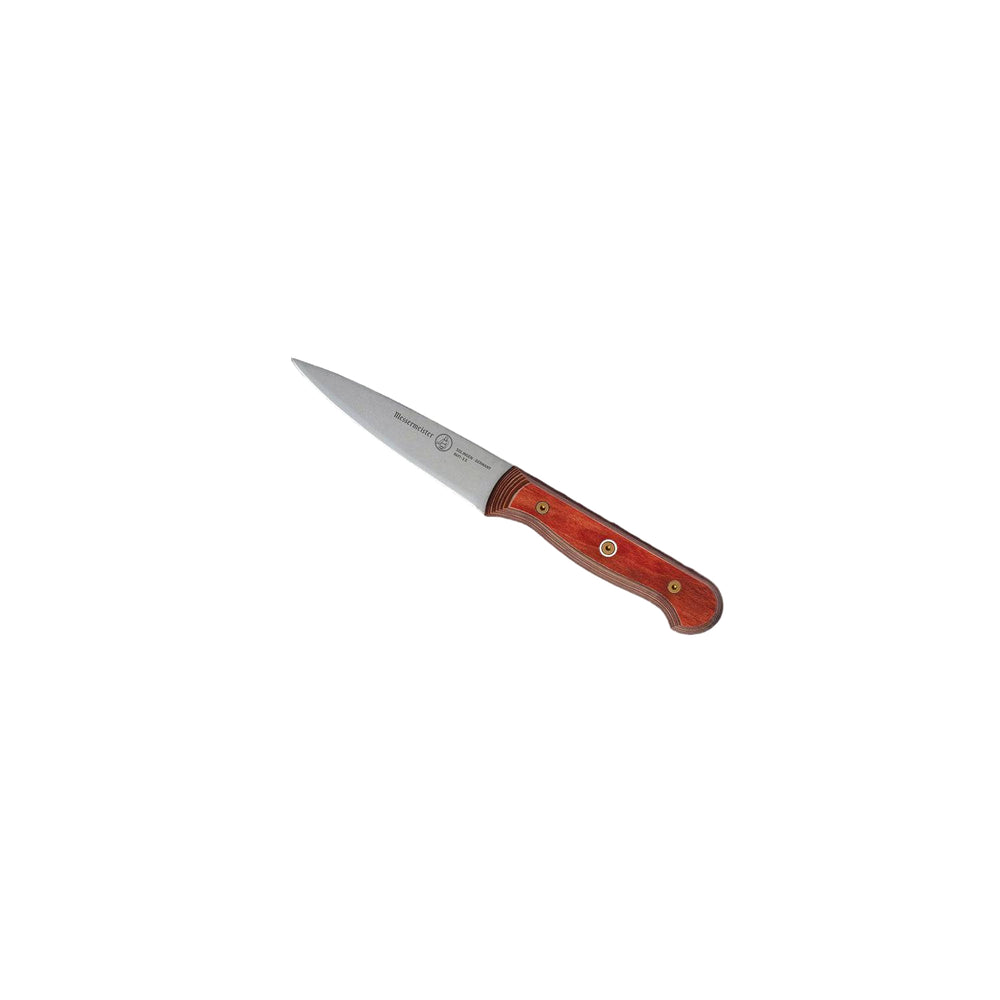 Angled-up view of the Messermeister Custom Red 3.5-inch Paring Knife highlighting its precision stainless steel blade and ergonomic red handle designed for detailed prep work
