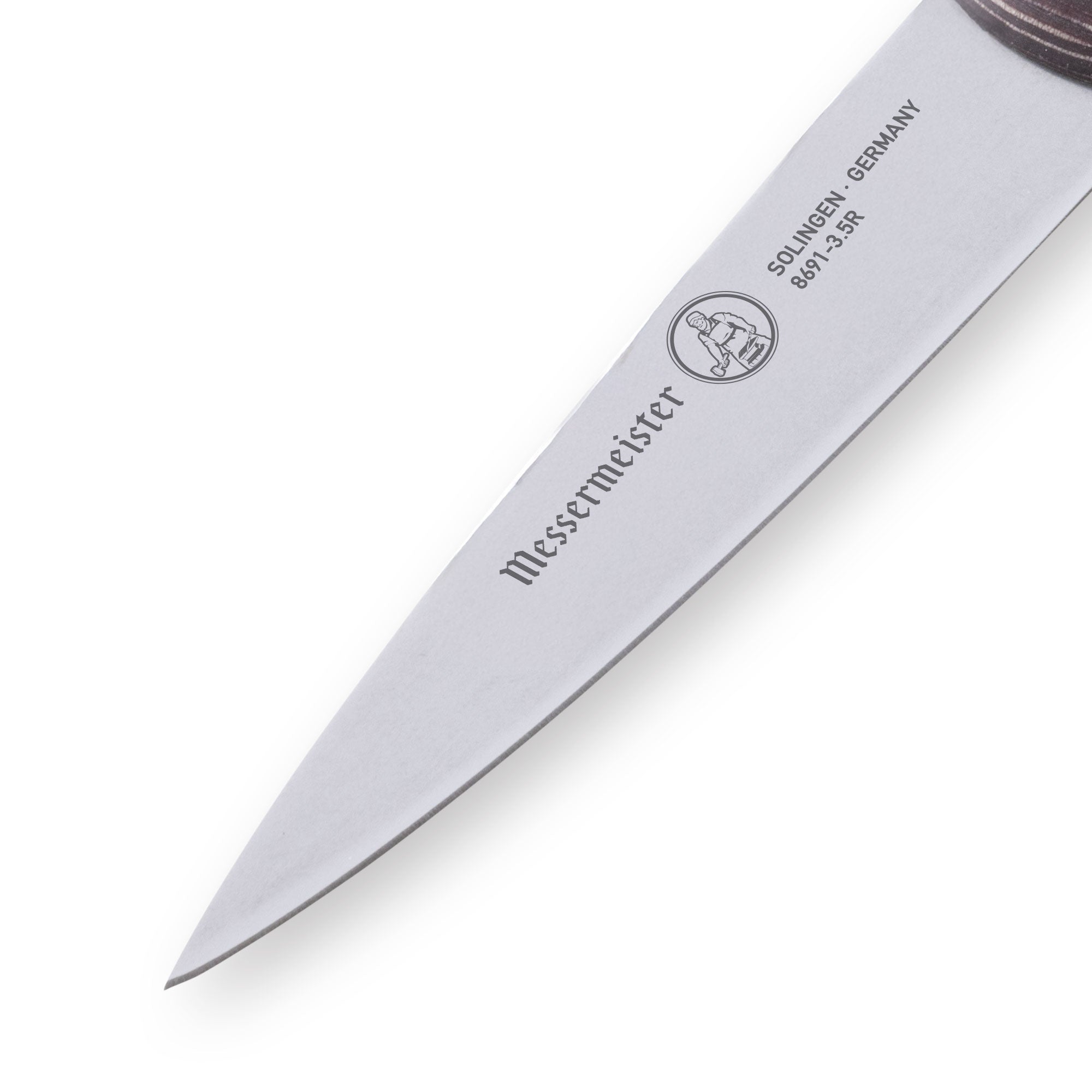 Close-up of the pointed tip of the Messermeister Custom Red 3.5-inch Paring Knife, showcasing the fine stainless steel edge designed for precise peeling and trimming