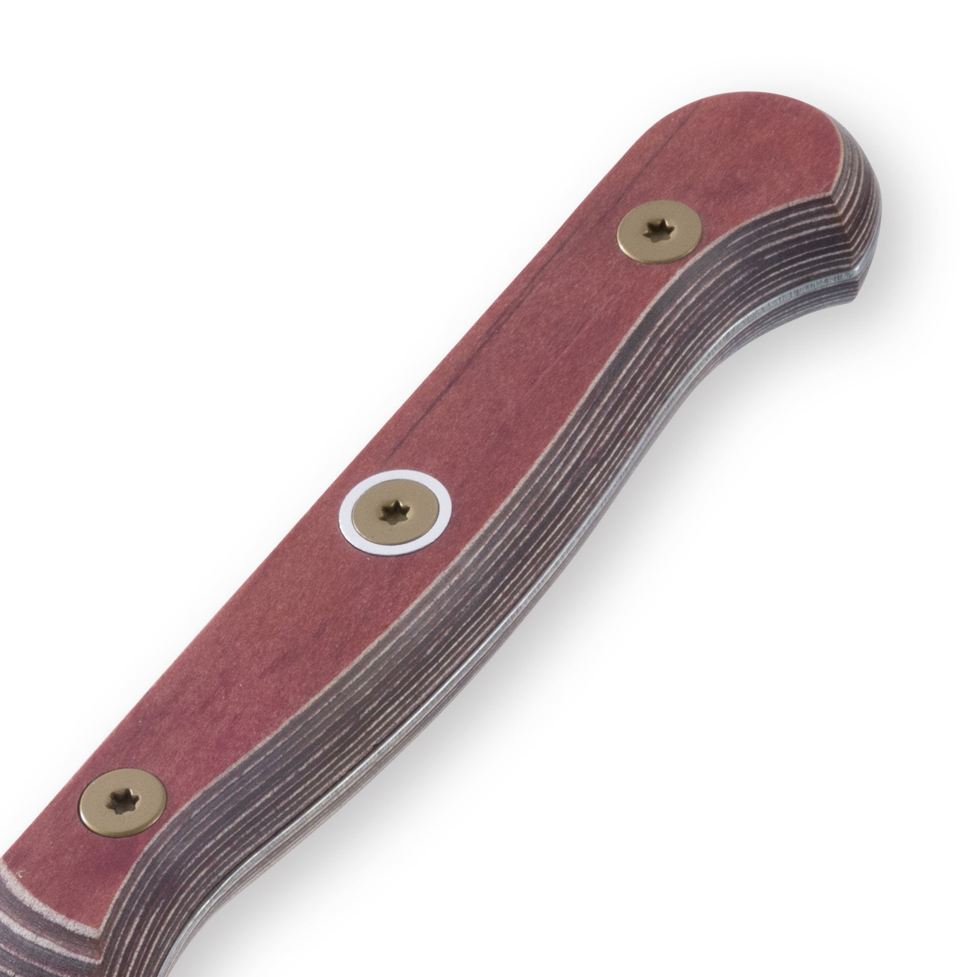 Close-up of the ergonomic red handle on the Messermeister Custom Red 3.5-inch Paring Knife, highlighting textured grip and seamless full-tang construction