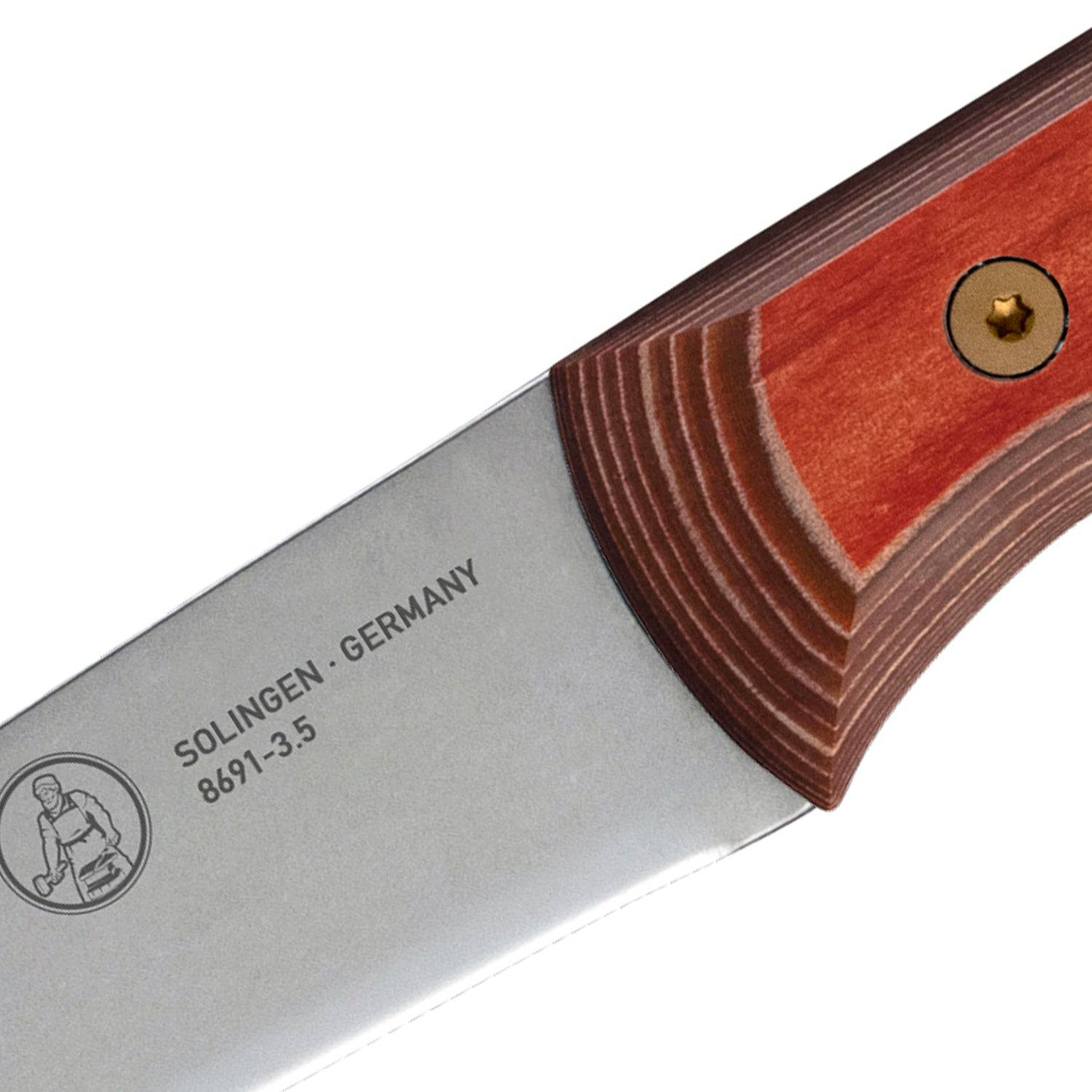 Close-up of the heel of the Messermeister Custom Red 3.5-inch Paring Knife showing the transition from ergonomic red handle to precision stainless steel blade edge