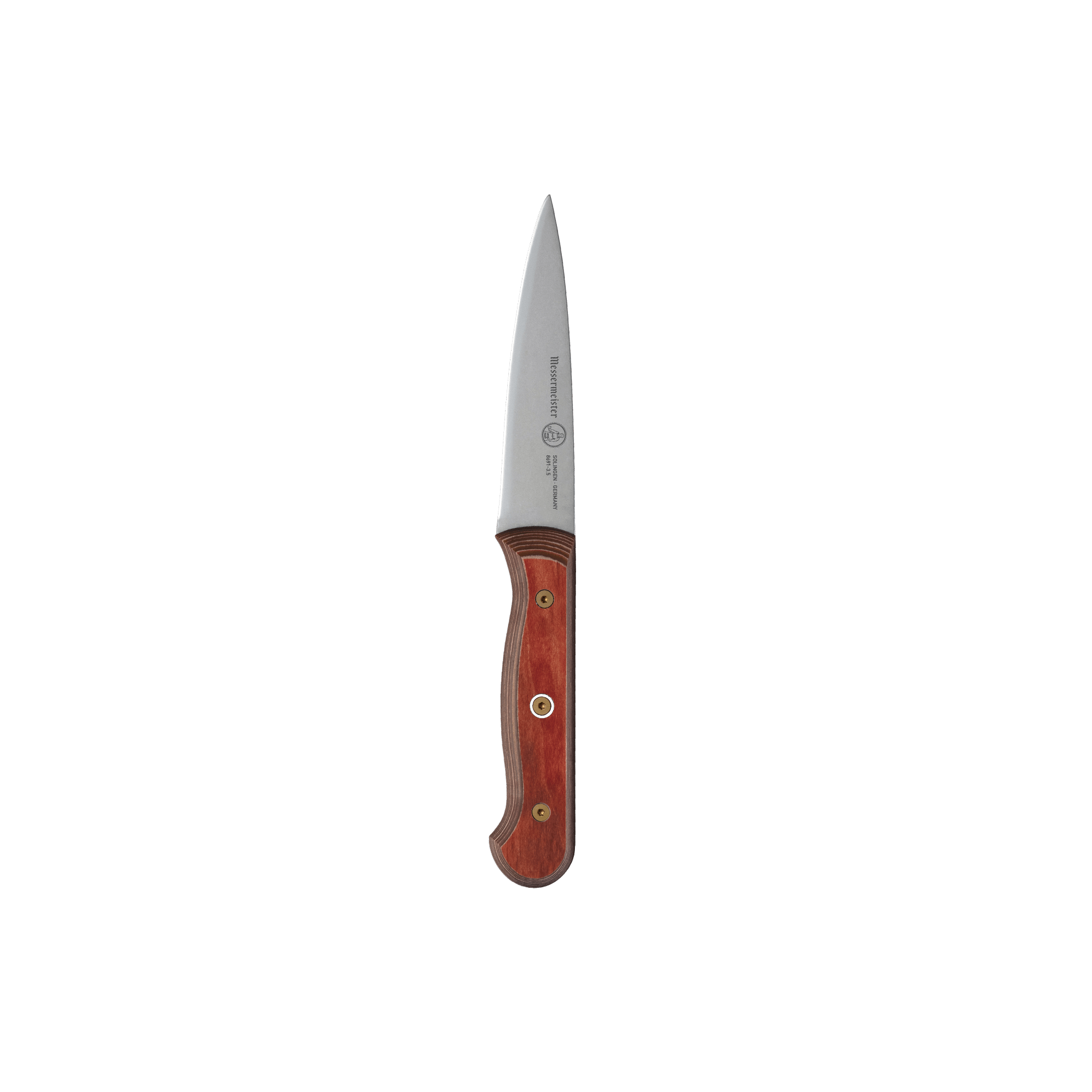Messermeister Custom Red 3.5-inch Paring Knife with precision stainless steel blade and ergonomic red handle, designed for detailed peeling, trimming, and small cutting tasks