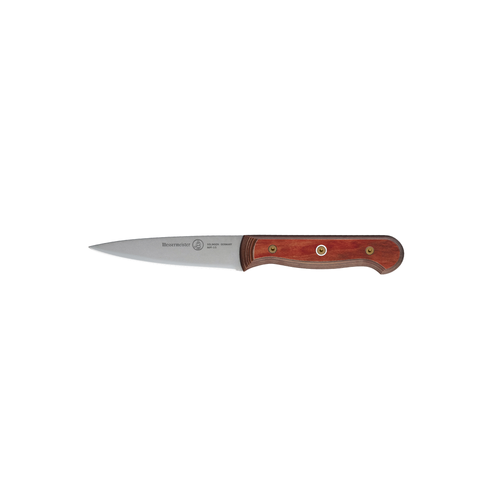 Side view of the Messermeister Custom Red 3.5-inch Paring Knife featuring a precision stainless steel blade and ergonomic red handle designed for detailed cutting and peeling tasks
