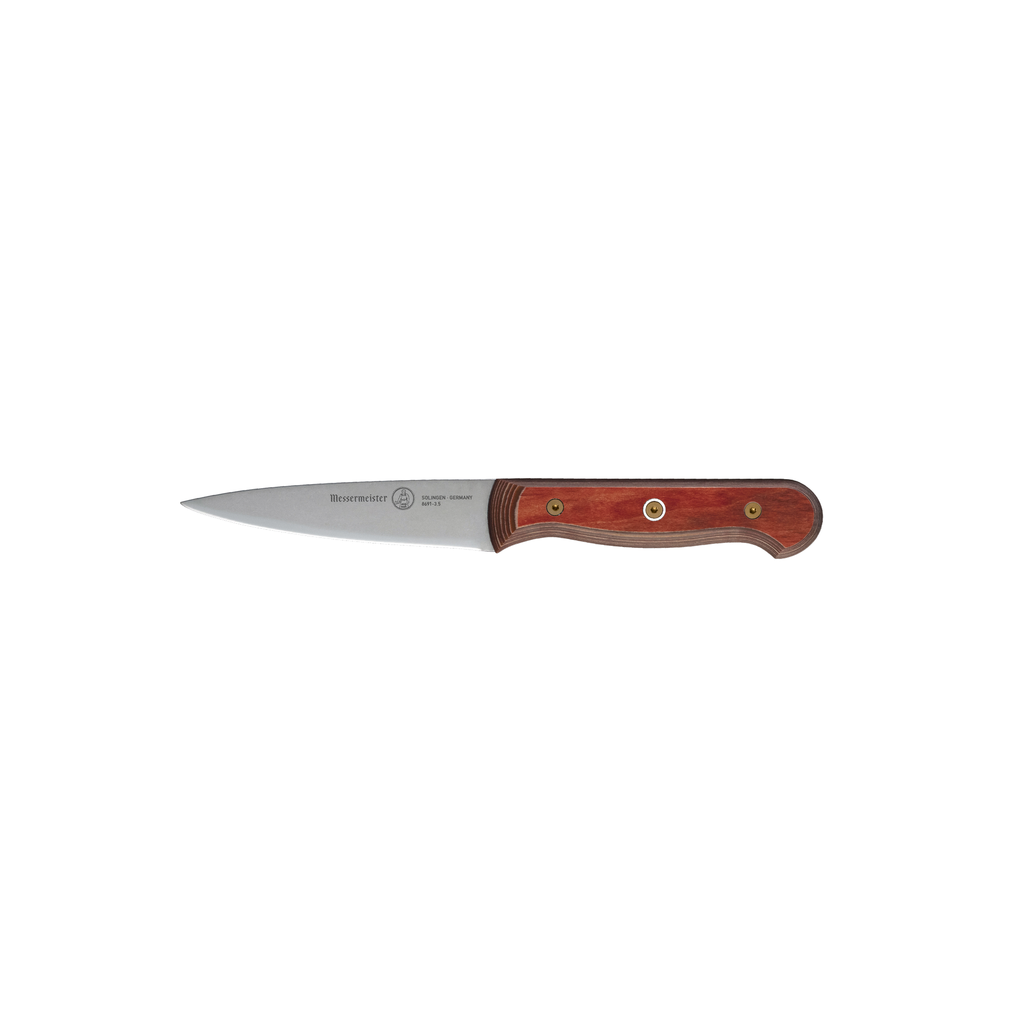 Side view of the Messermeister Custom Red 3.5-inch Paring Knife featuring a precision stainless steel blade and ergonomic red handle designed for detailed cutting and peeling tasks