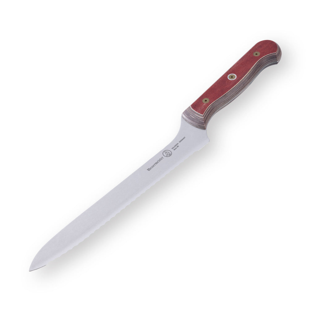 Full 8-inch Messermeister Custom Red scalloped offset knife shown at a downward angle, highlighting serrated stainless steel blade, offset design, and red ergonomic handle.