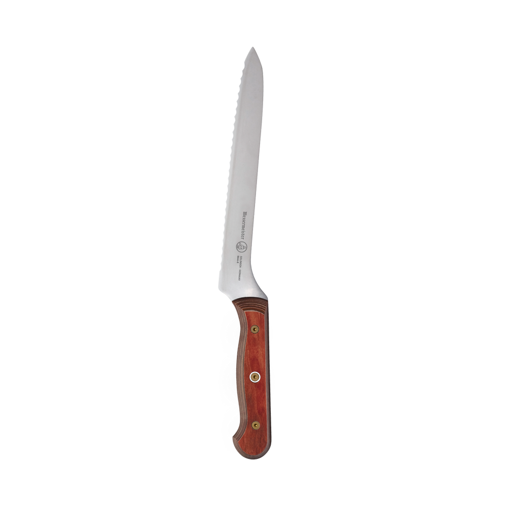8-inch Messermeister Custom Red scalloped offset knife with serrated stainless steel blade and bold red ergonomic handle, designed for smooth slicing of breads and soft foods