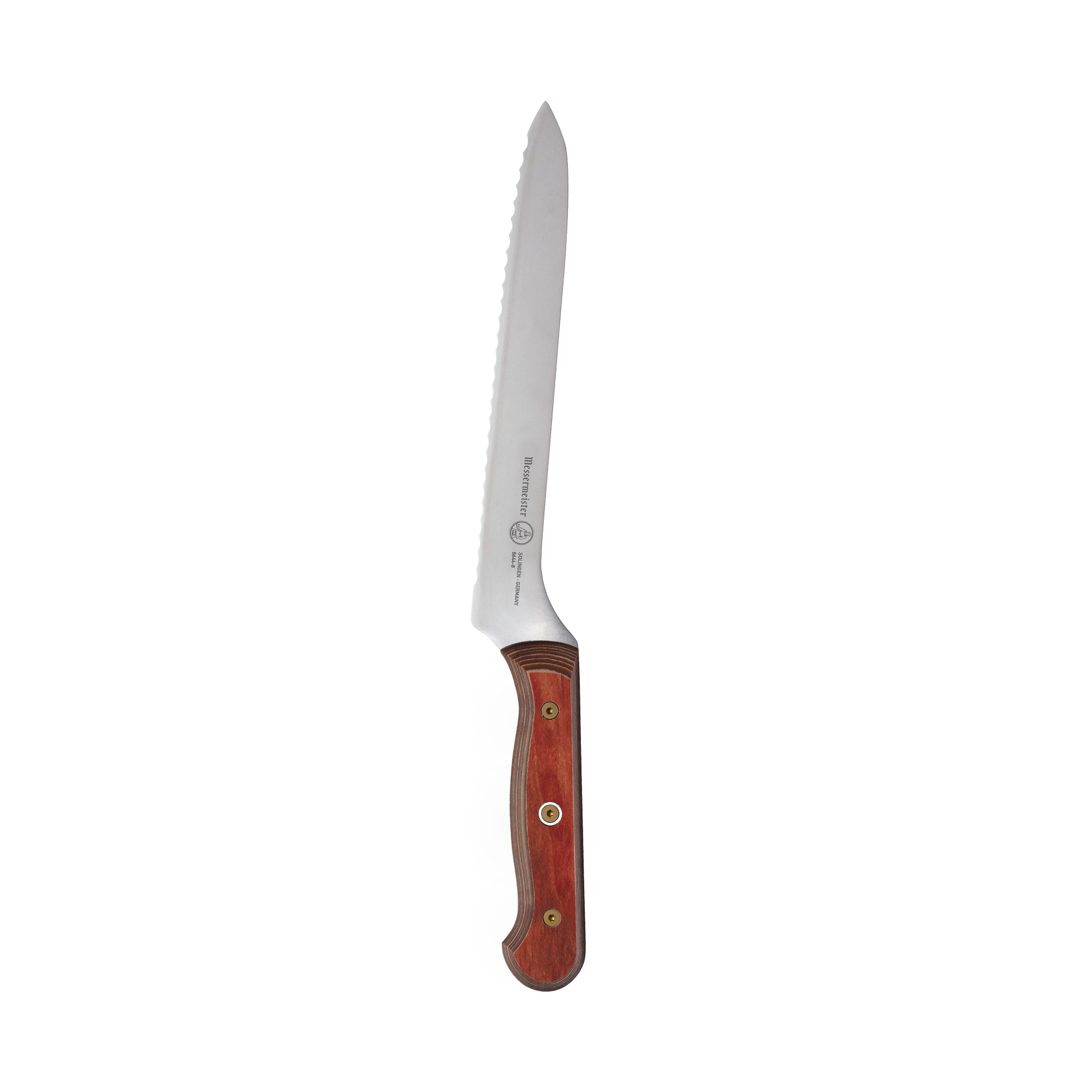 8-inch Messermeister Custom Red scalloped offset knife with serrated stainless steel blade and bold red ergonomic handle, designed for smooth slicing of breads and soft foods
