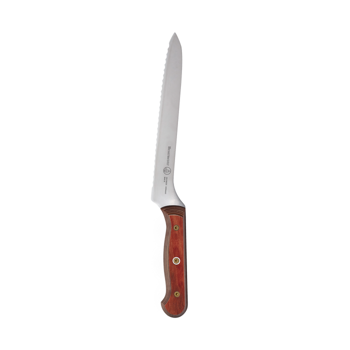 8-inch Messermeister Custom Red scalloped offset knife with serrated stainless steel blade and bold red ergonomic handle, designed for smooth slicing of breads and soft foods