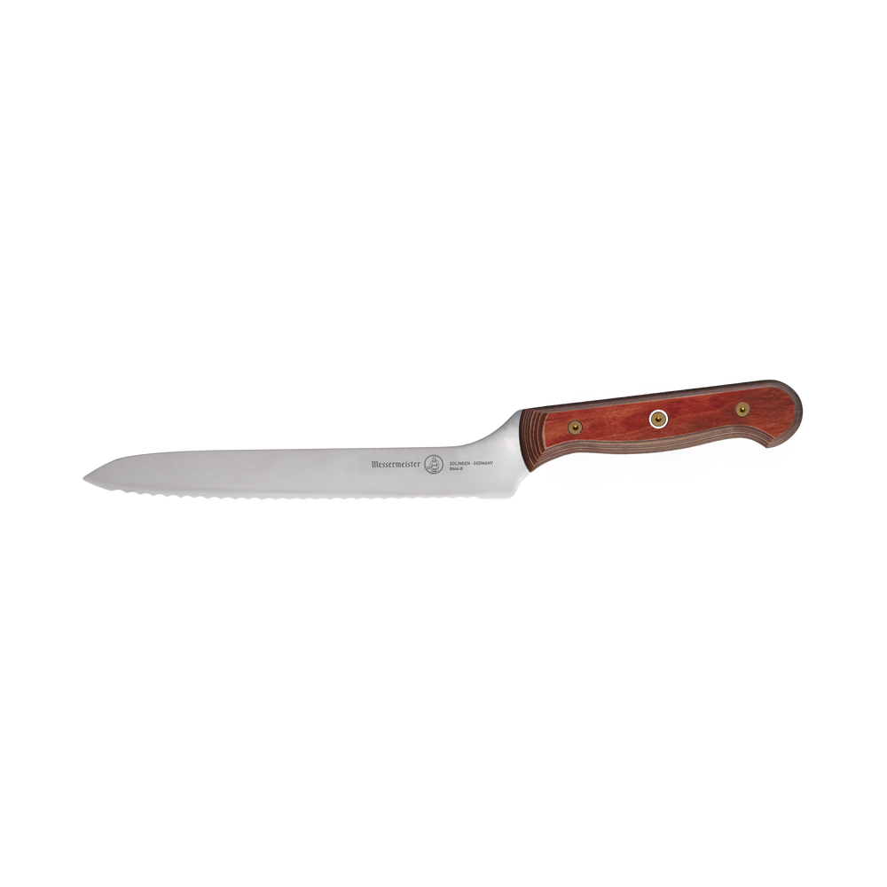8-inch Messermeister Custom Red scalloped offset knife shown in side view, highlighting serrated stainless steel blade, curved offset design, and red ergonomic handle