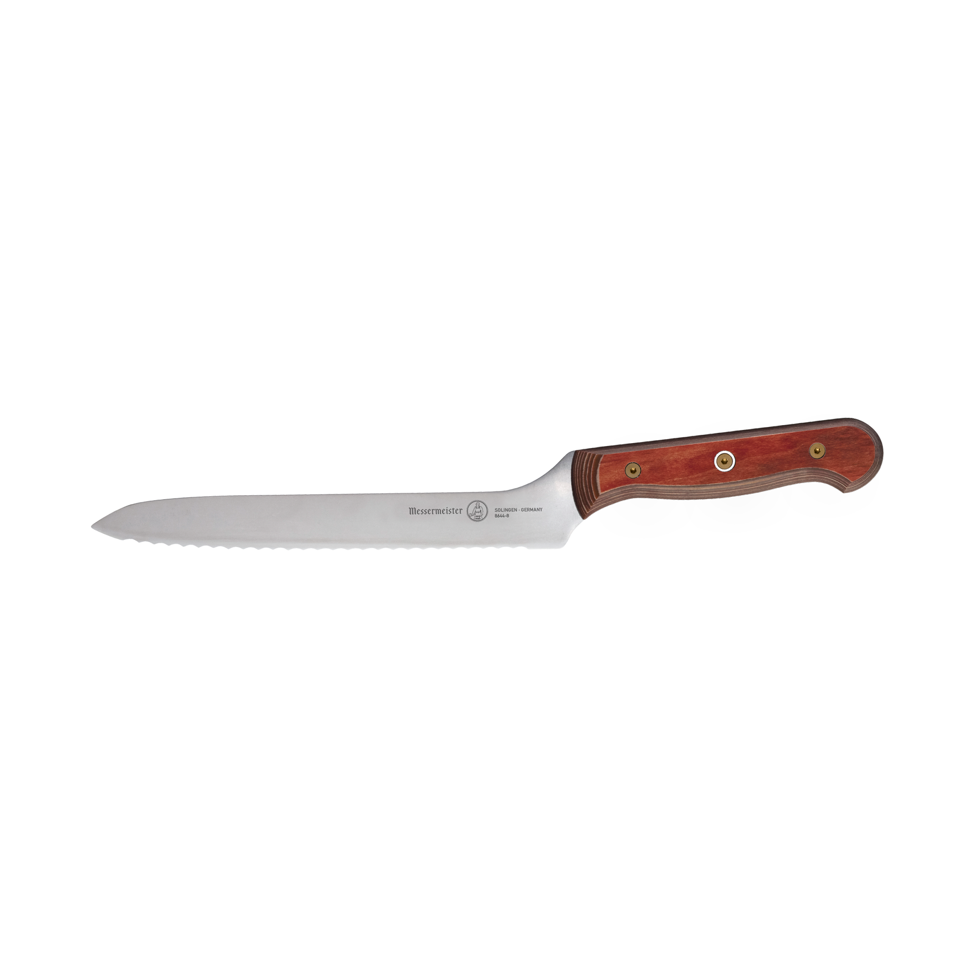 8-inch Messermeister Custom Red scalloped offset knife shown in side view, highlighting serrated stainless steel blade, curved offset design, and red ergonomic handle