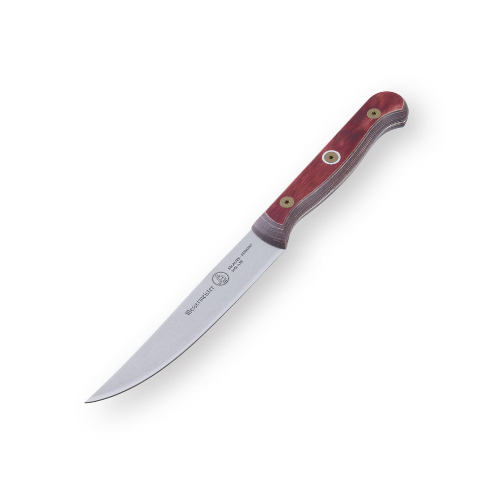 Angled-down view of the Messermeister Custom Red 4-Piece Steak Knife Set showcasing 5-inch fine edge stainless steel blades and ergonomic red handles for precise cutting
