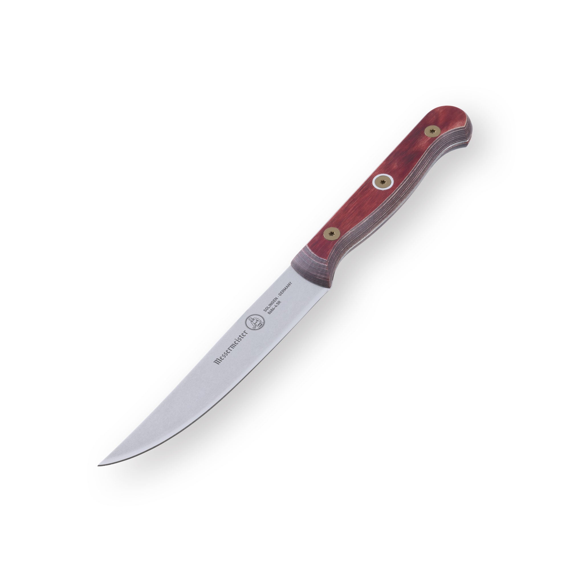 Angled-down view of the Messermeister Custom Red 4-Piece Steak Knife Set showcasing 5-inch fine edge stainless steel blades and ergonomic red handles for precise cutting