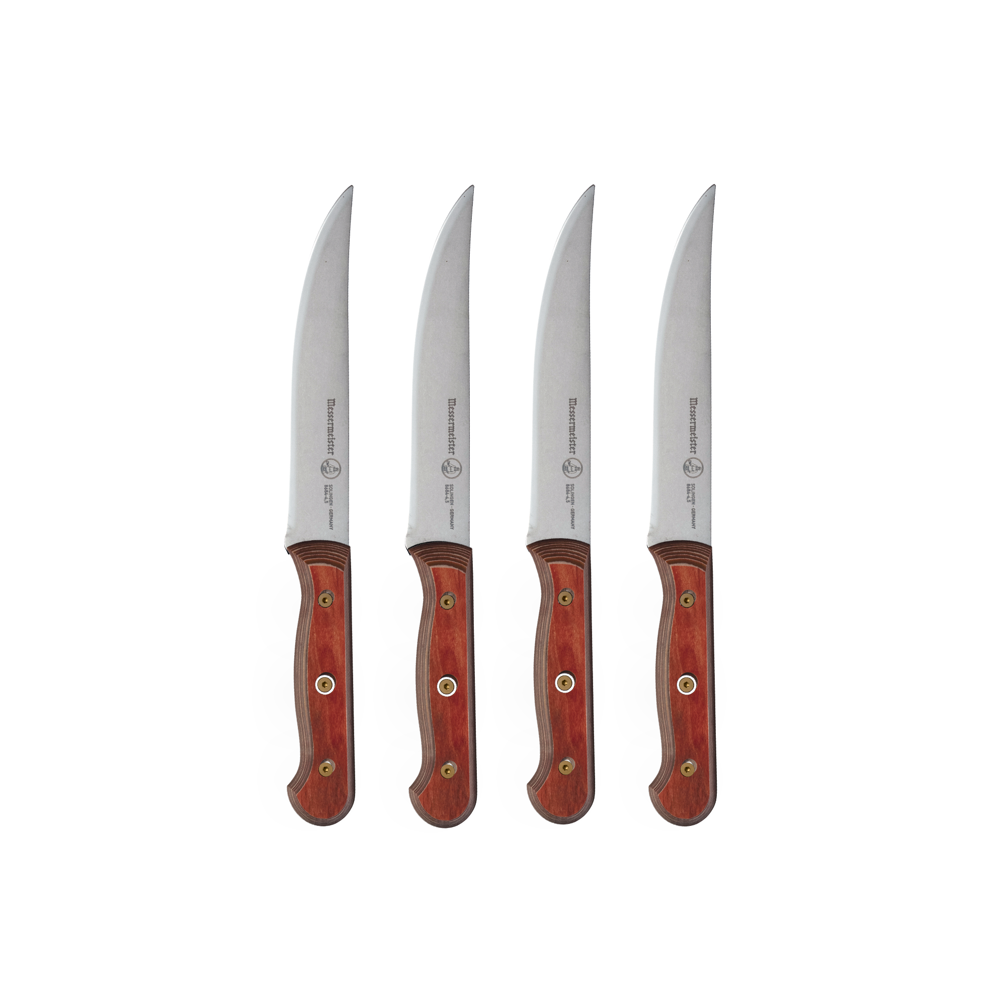 Messermeister Custom Red 4-Piece Steak Knife Set featuring 5-inch serrated stainless steel blades and ergonomic red handles, designed for smooth, precise cutting of meats
