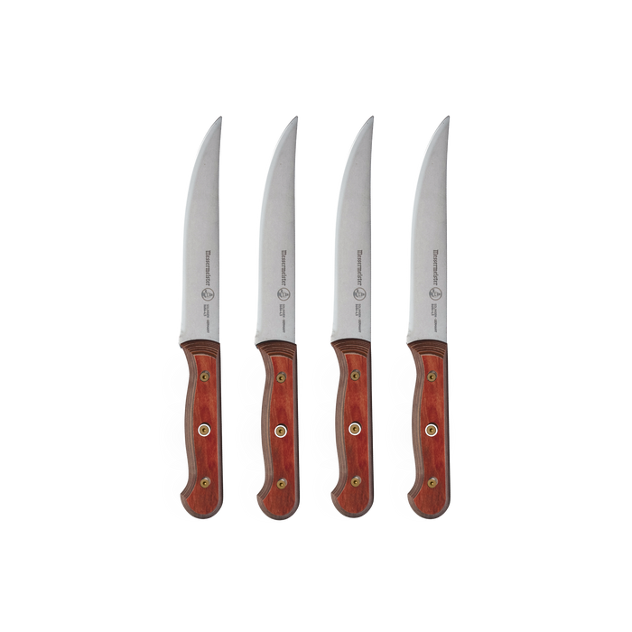 Messermeister Custom Red 4-Piece Steak Knife Set featuring 5-inch serrated stainless steel blades and ergonomic red handles, designed for smooth, precise cutting of meats