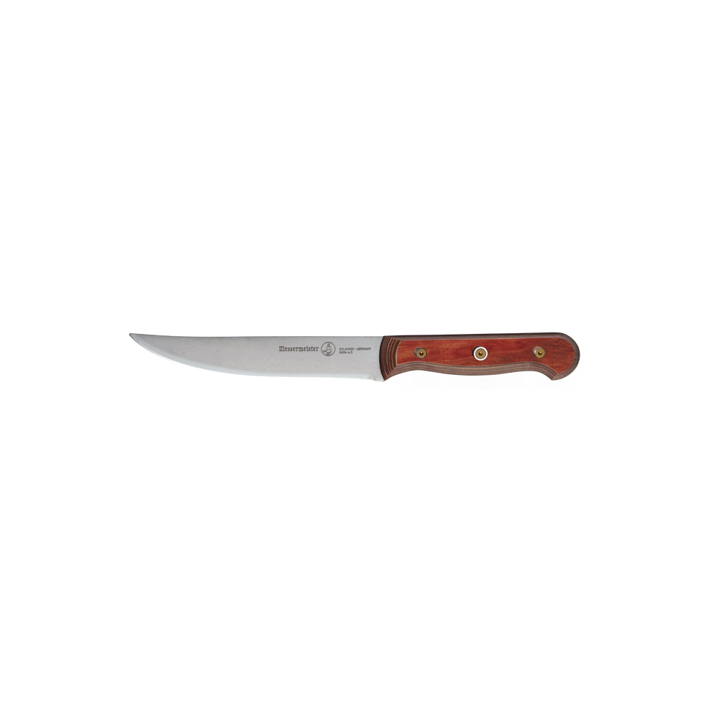 Side view of the Messermeister Custom Red 4-Piece Steak Knife Set, showing 5-inch fine edge stainless steel blades and ergonomic red handles designed for clean meat slicing