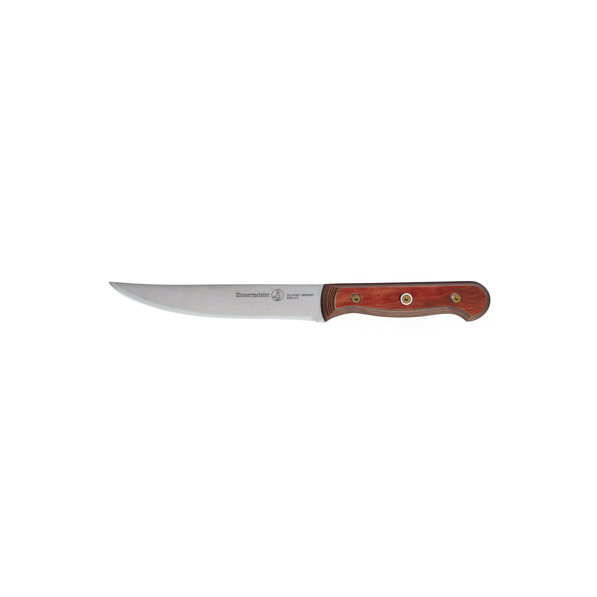 Side view of the Messermeister Custom Red 4-Piece Steak Knife Set, showing 5-inch fine edge stainless steel blades and ergonomic red handles designed for clean meat slicing