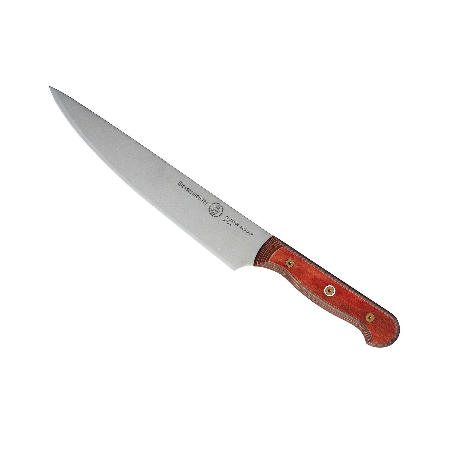 6-inch Messermeister Custom Red utility knife shown at an upward angle, highlighting its polished stainless steel blade and bold red ergonomic handle