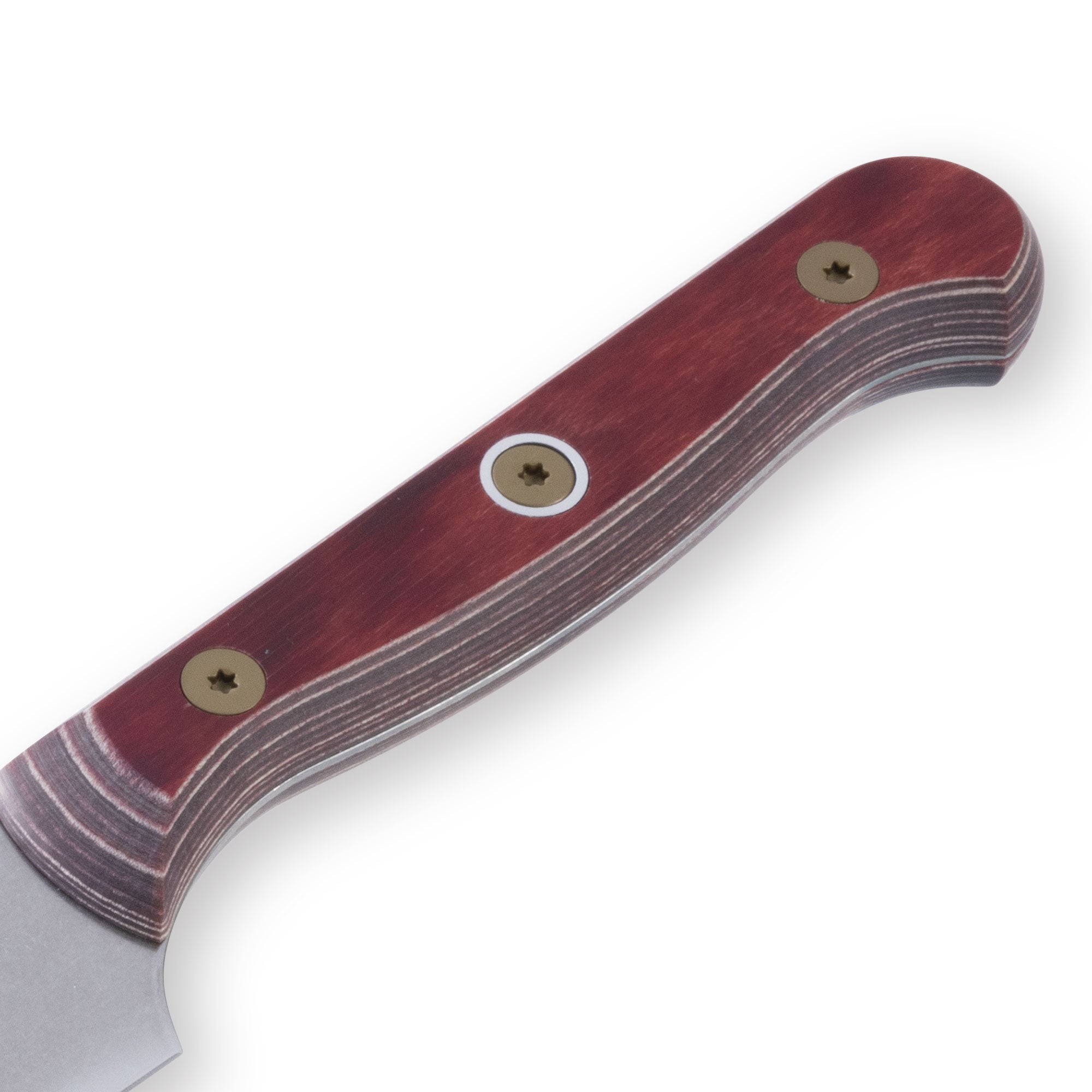 Close-up of the red ergonomic handle of a 6-inch Messermeister Custom Red utility knife, highlighting its smooth contours, secure grip, and polished finish