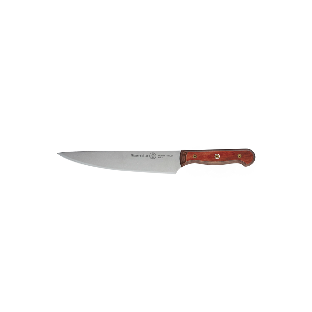 Side view of a 6-inch Messermeister Custom Red utility knife, showing the polished stainless steel blade and bold red ergonomic handle with clean balanced lines