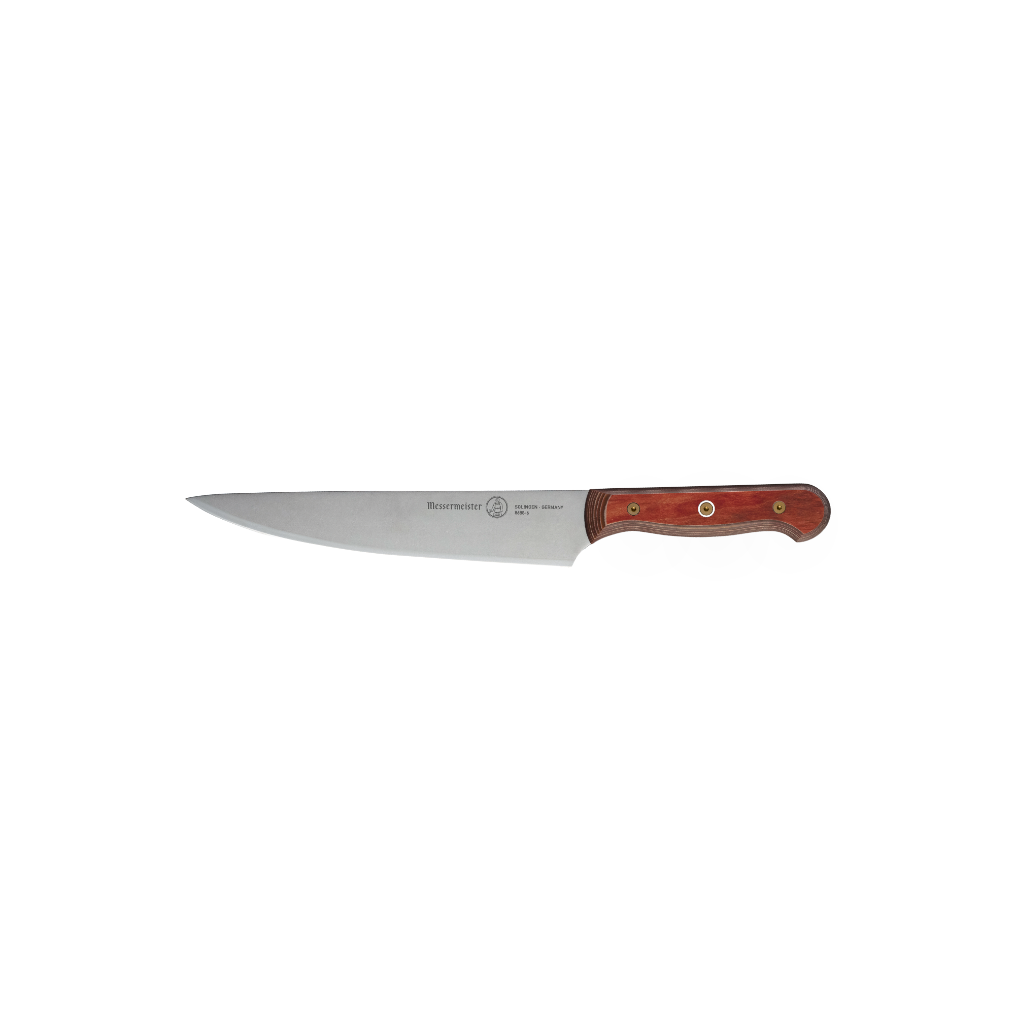 Side view of a 6-inch Messermeister Custom Red utility knife, showing the polished stainless steel blade and bold red ergonomic handle with clean balanced lines