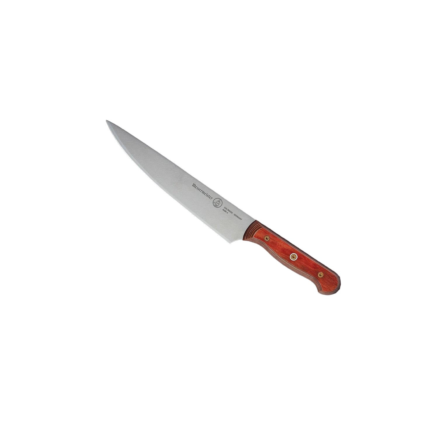 6-inch Messermeister Custom Red utility knife shown at an upward angle, highlighting its polished stainless steel blade and bold red ergonomic handle
