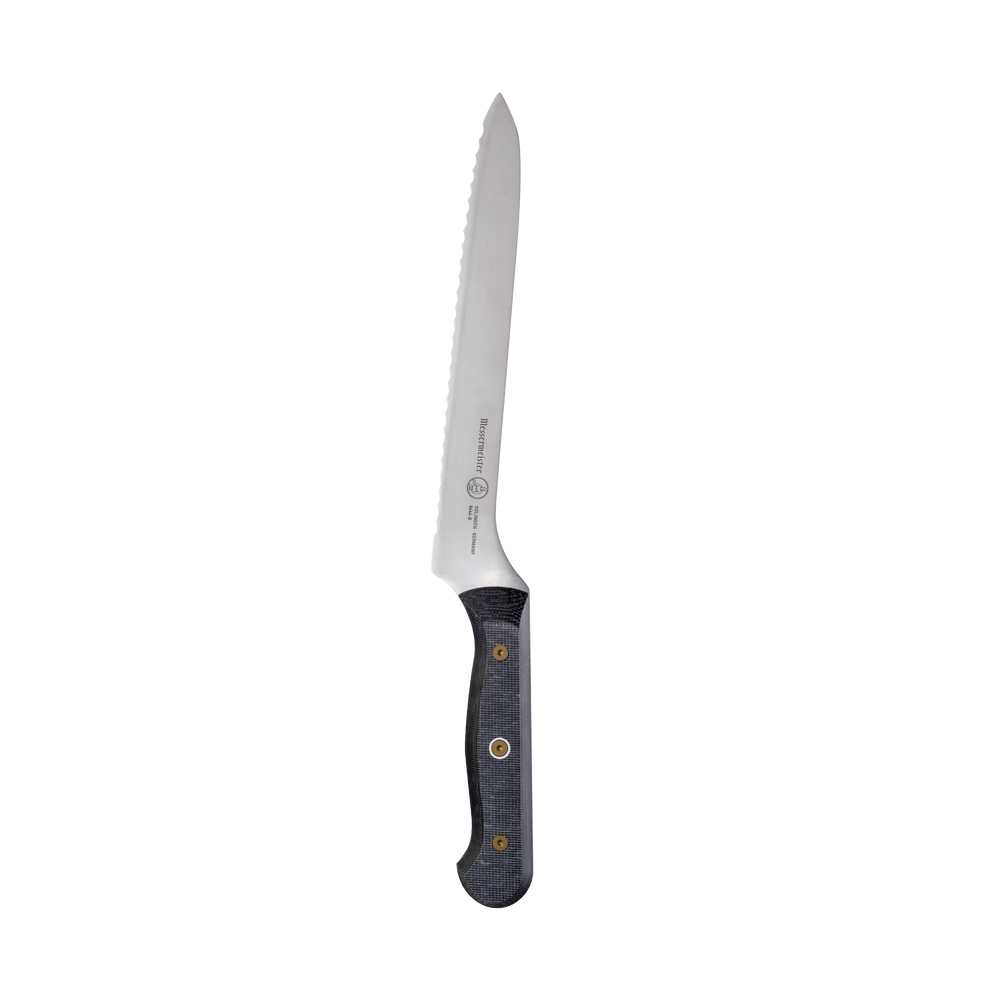 Messermeister 8-inch offset bread knife featuring scalloped serrations for slicing bread and baked goods