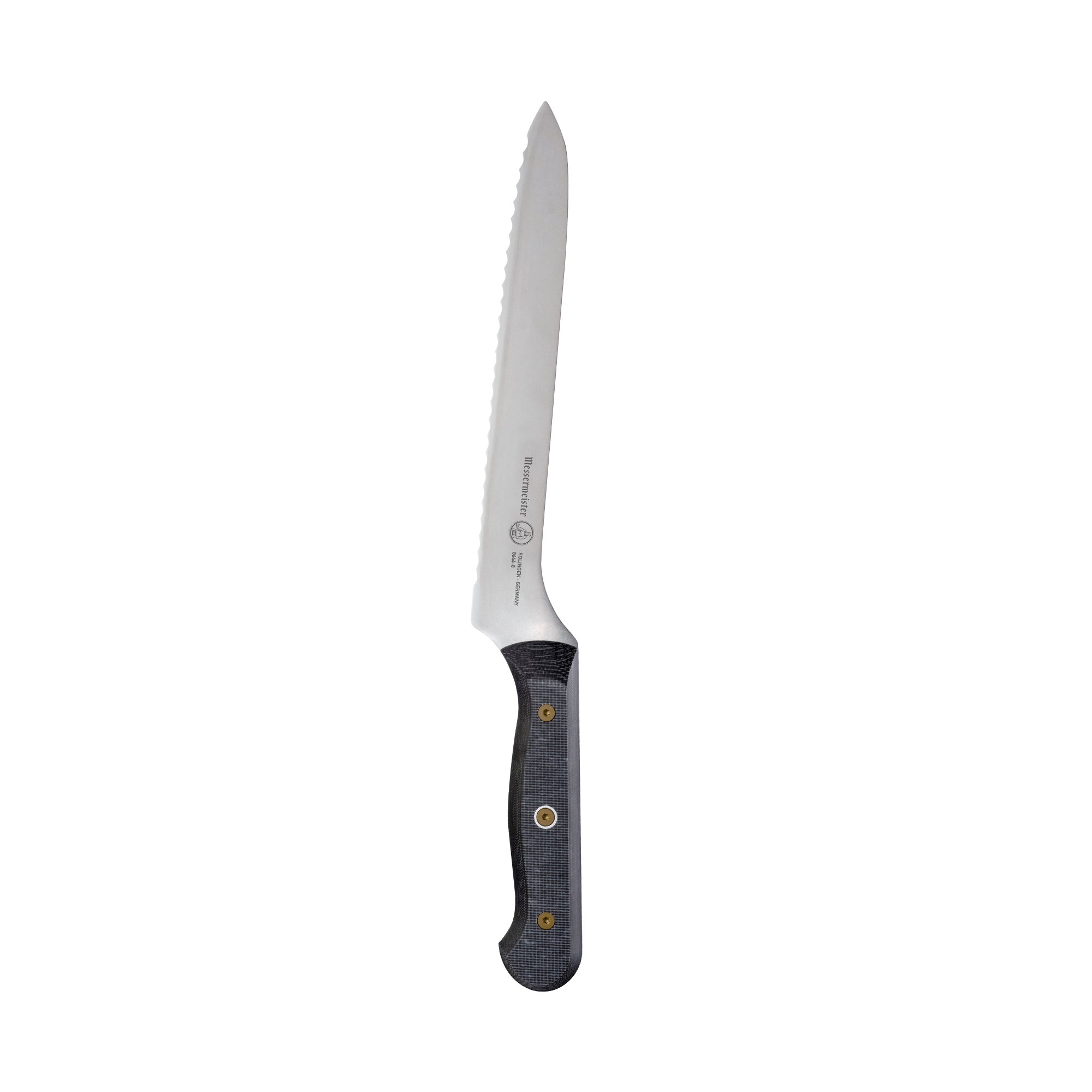 Messermeister 8-inch offset bread knife featuring scalloped serrations for slicing bread and baked goods