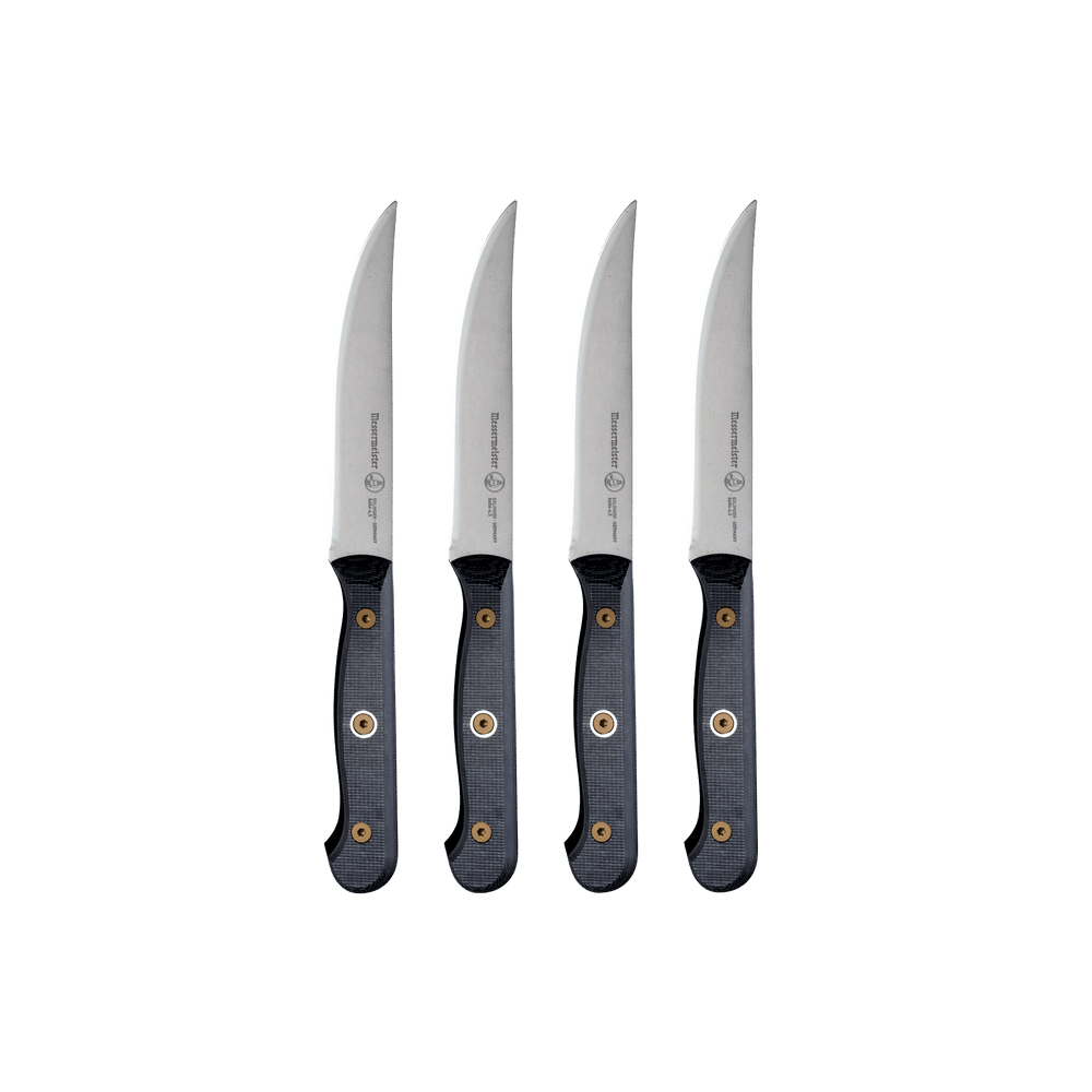  Messermeister Custom steak knife set with 5-inch blades featuring  stainless steel blades and ergonomic modular handles with textured linen micarta scales, showcasing the sleek profile, sharp cutting edges, and premium craftsmanship