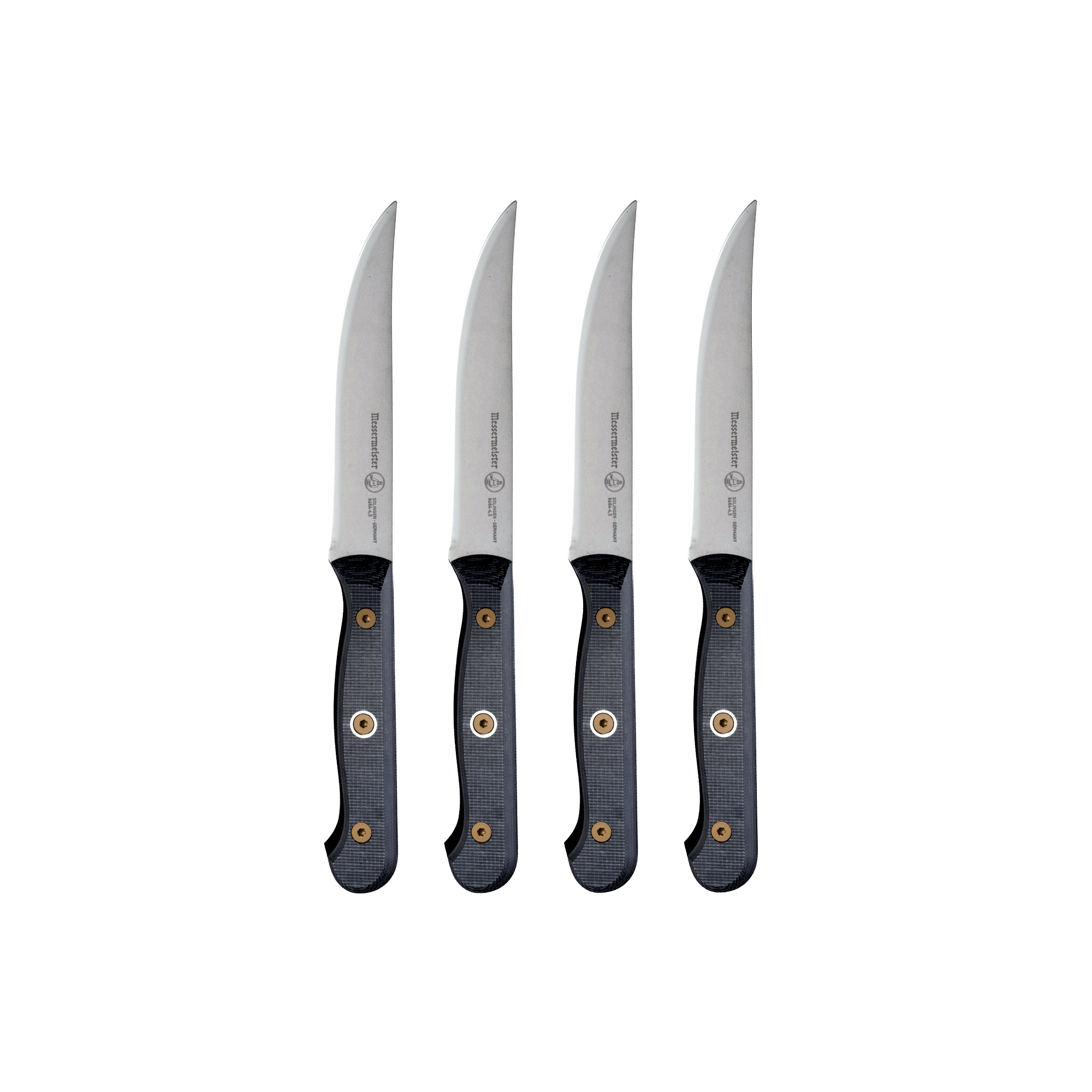  Messermeister Custom steak knife set with 5-inch blades featuring  stainless steel blades and ergonomic modular handles with textured linen micarta scales, showcasing the sleek profile, sharp cutting edges, and premium craftsmanship