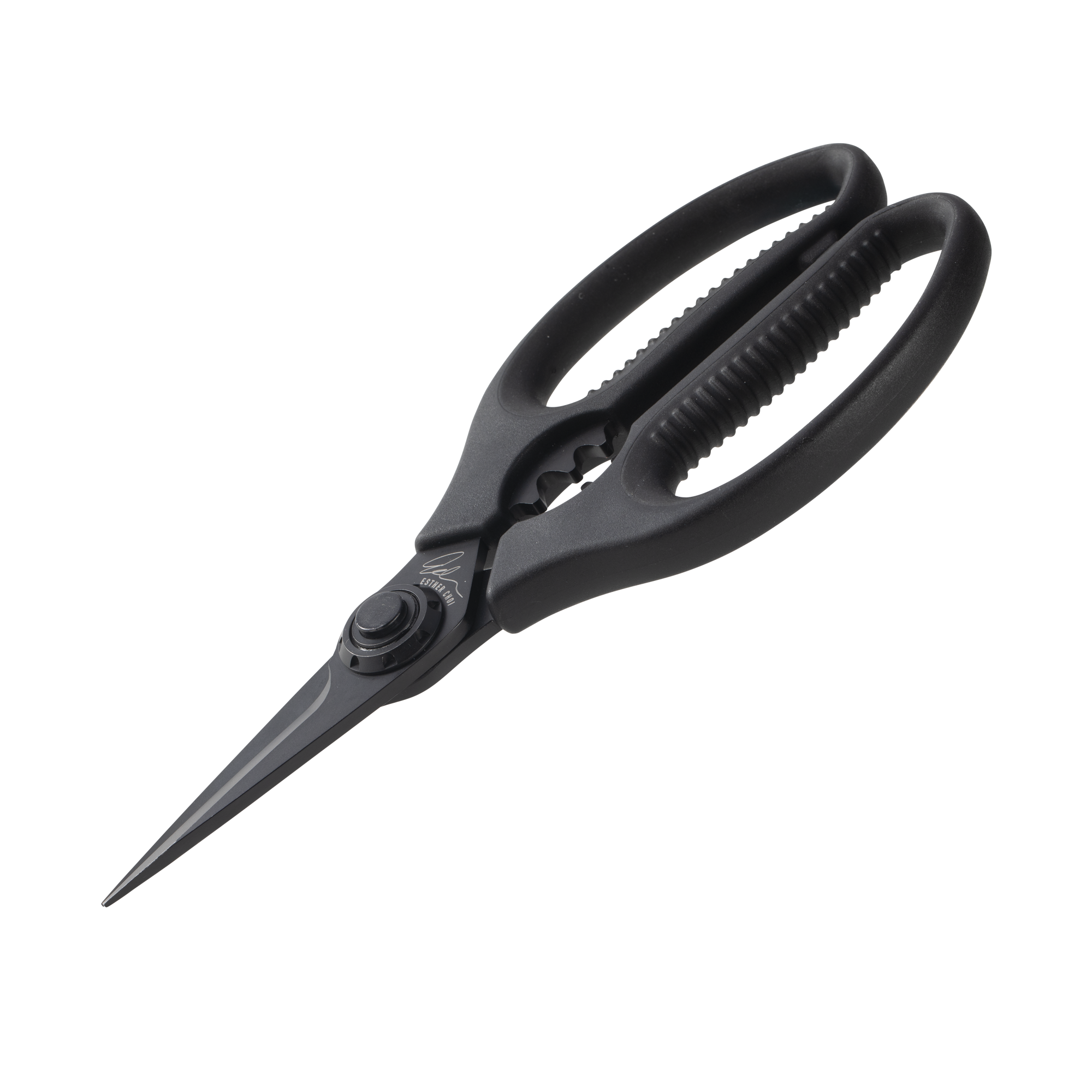 Esther Choi 7-inch push button take-apart precision shears angled downward featuring stainless steel precision blades, ergonomic handles, and a detachable design for precise kitchen prep and easy cleaning