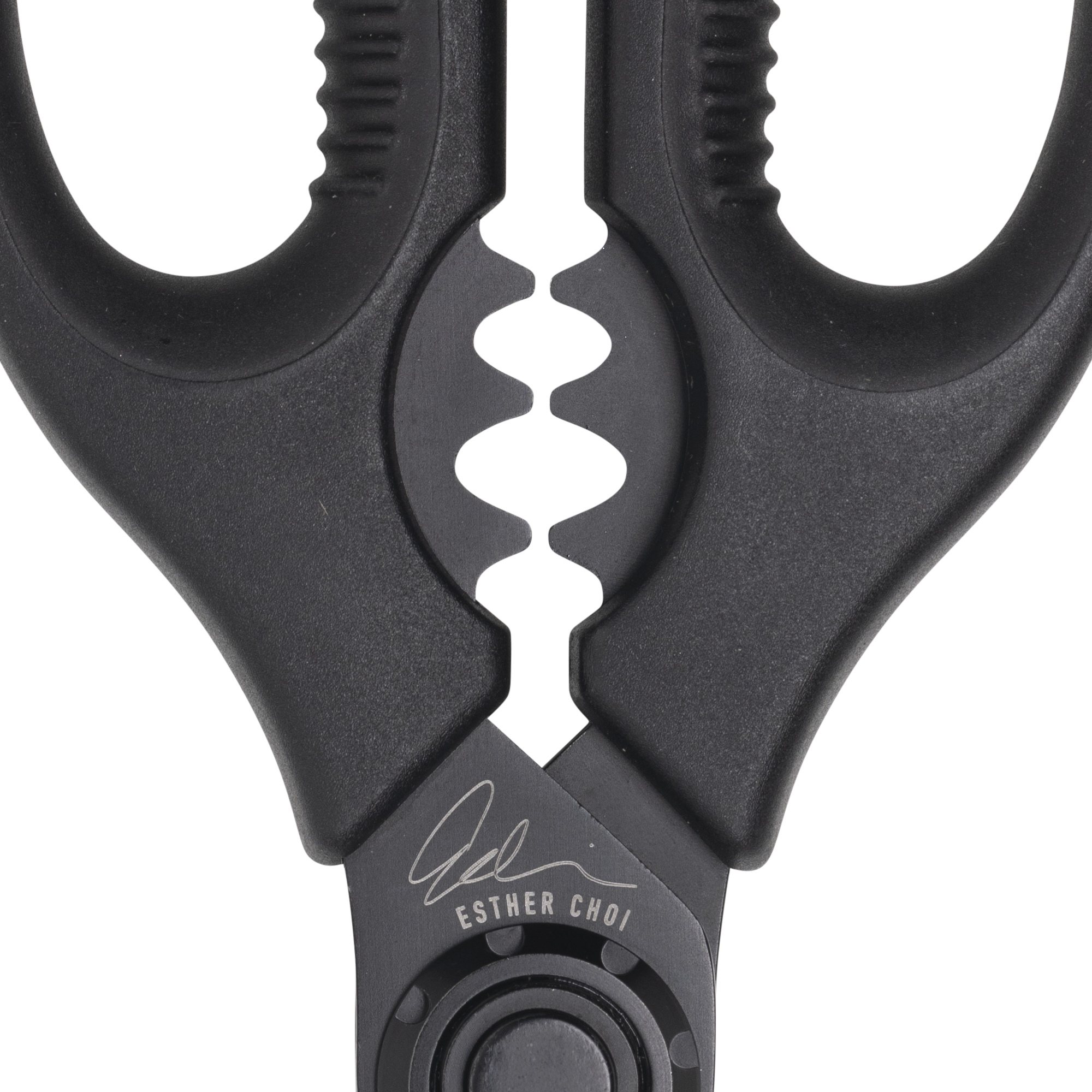 Esther Choi 7-inch push button take-apart precision shears close-up highlighting the bone notch detail, showing stainless steel blades and precision cutting edge designed for trimming poultry and seafood in kitchen prep