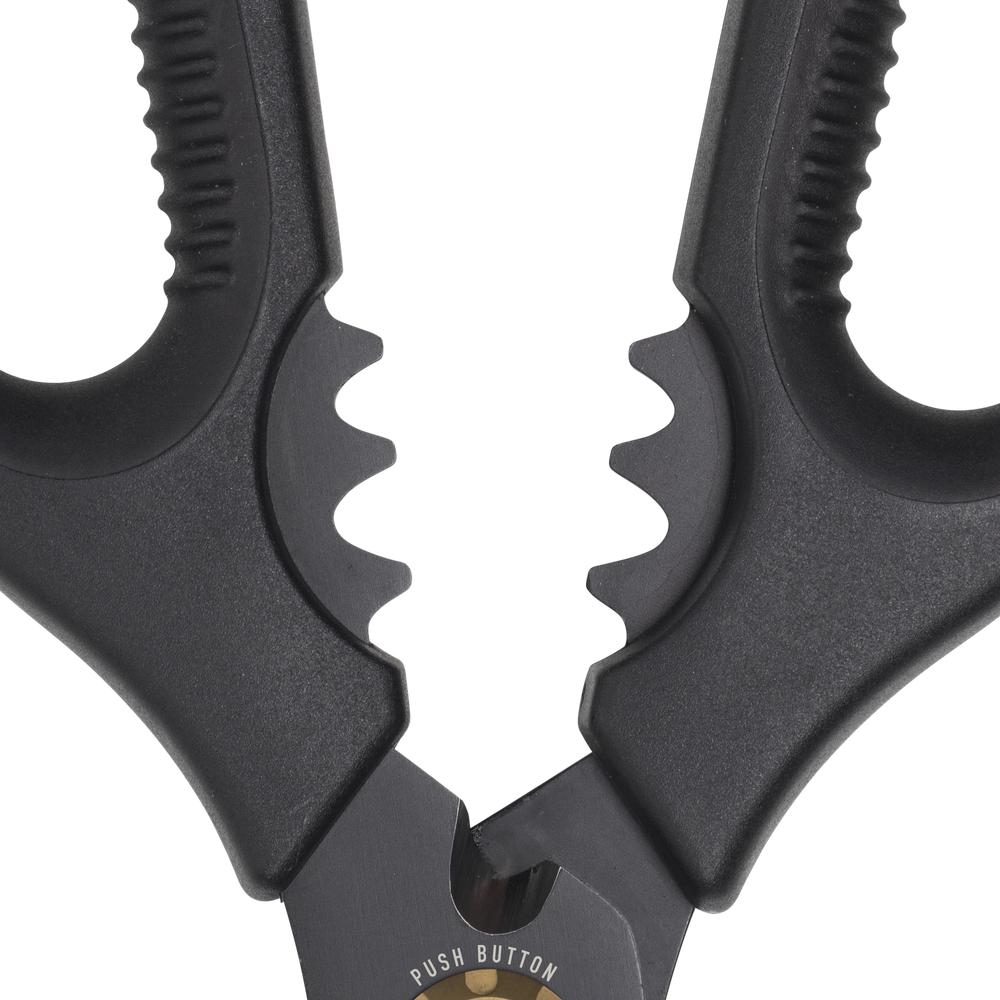 Esther Choi 7-inch push button take-apart precision shears close-up showing the open bone notch between the blades, highlighting stainless steel construction and precision design for cutting through poultry and seafood with control and ease