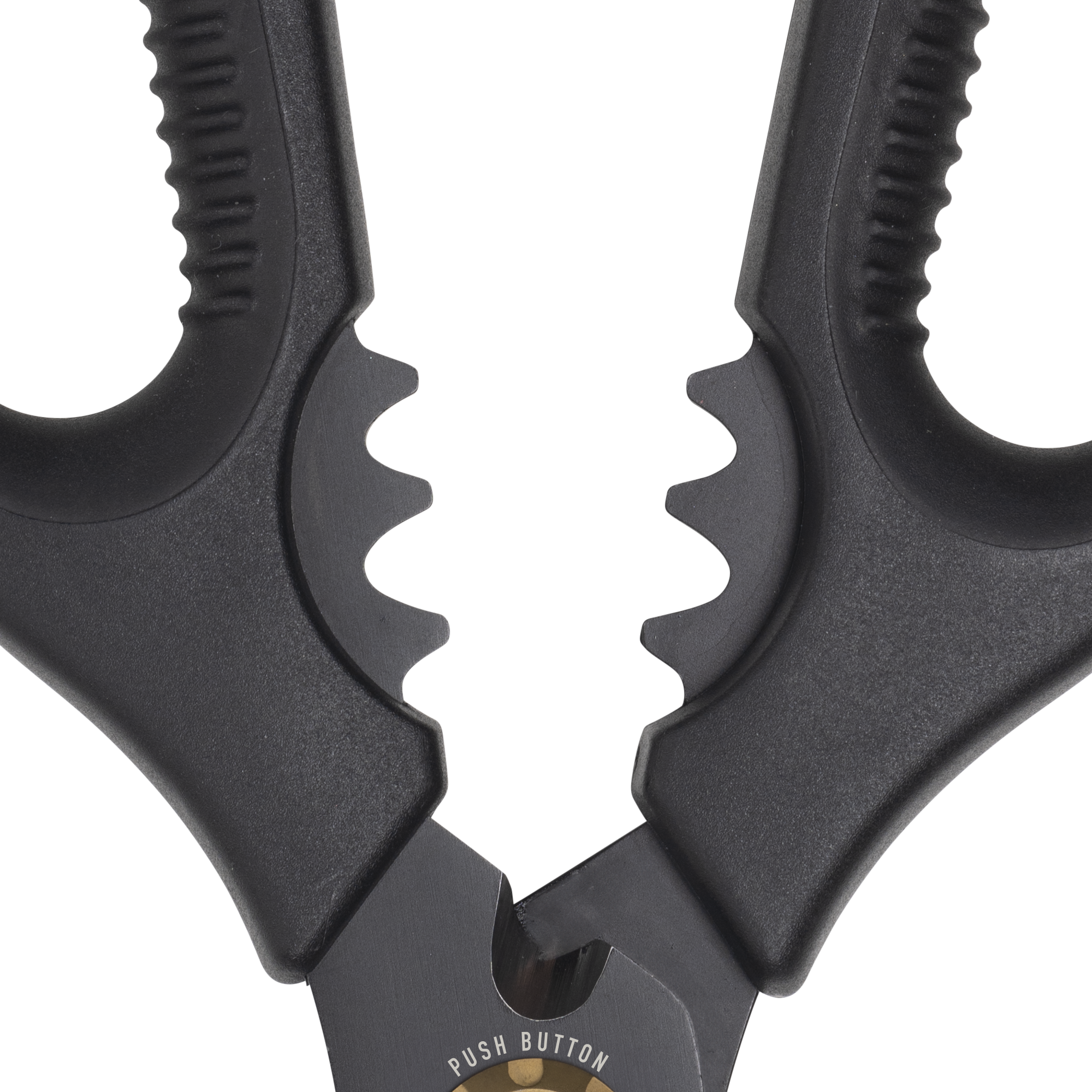 Esther Choi 7-inch push button take-apart precision shears close-up showing the open bone notch between the blades, highlighting stainless steel construction and precision design for cutting through poultry and seafood with control and ease