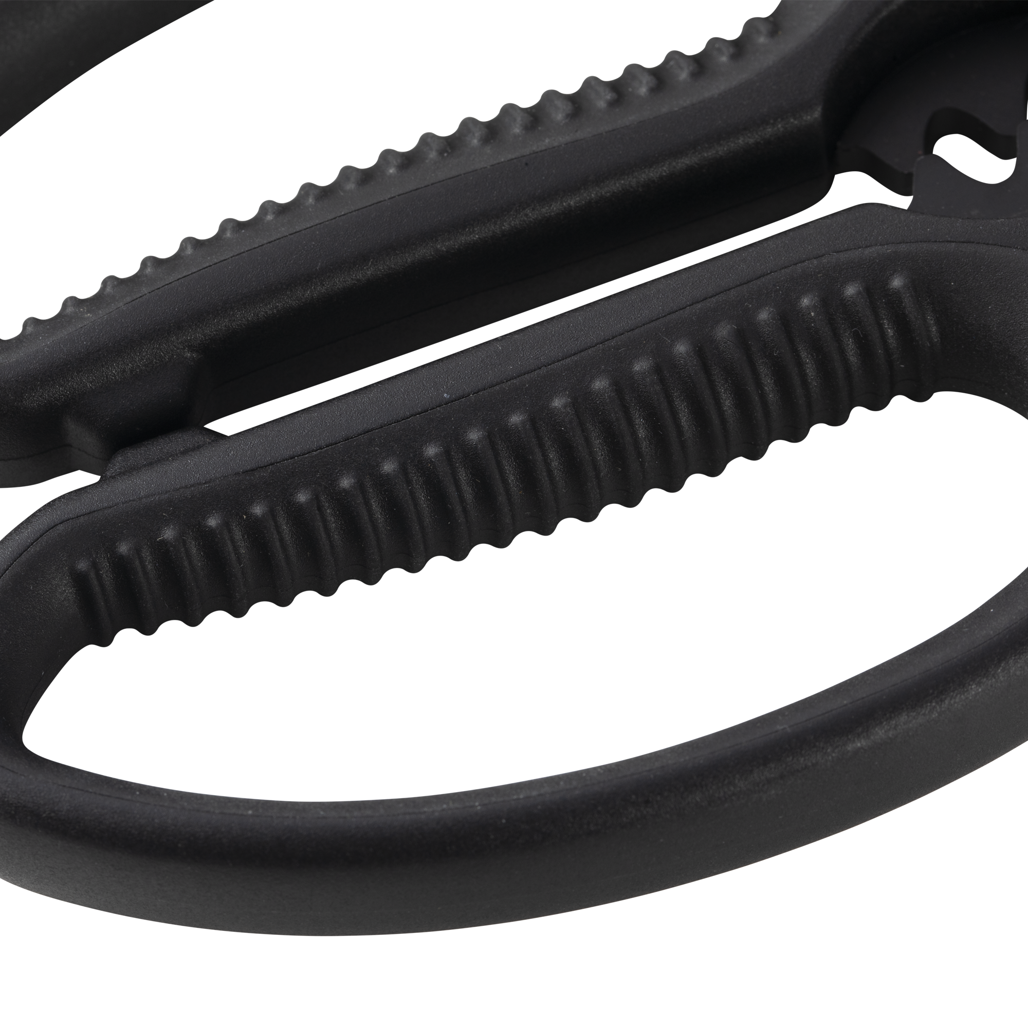 Esther Choi 7-inch push button take-apart precision shears close-up of the ergonomic handle design, highlighting textured grip, stainless steel construction, and precision-balanced build for comfortable and controlled kitchen cutting