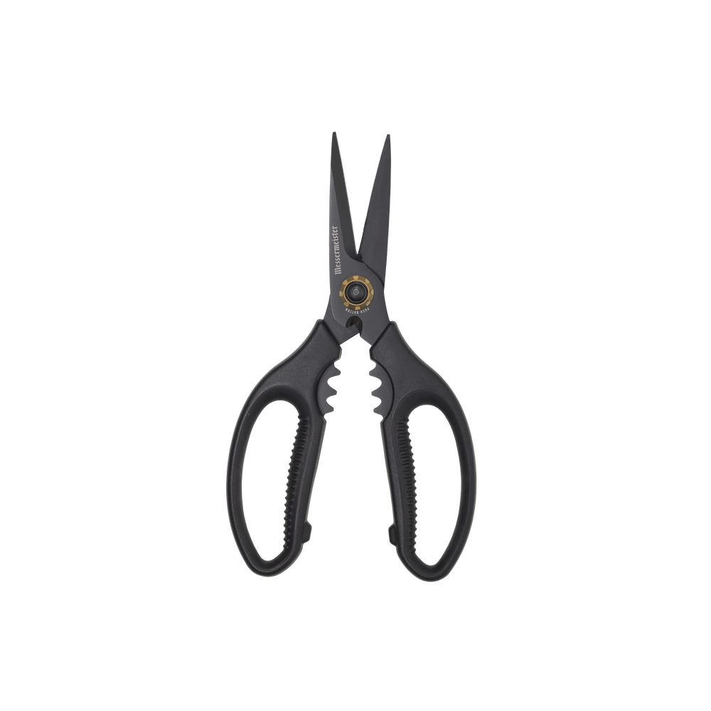 Esther Choi 7-inch push button take-apart precision shears standing upright with blades slightly open, featuring stainless steel precision blades, ergonomic handles, and a detachable design for detailed kitchen prep and easy cleaning