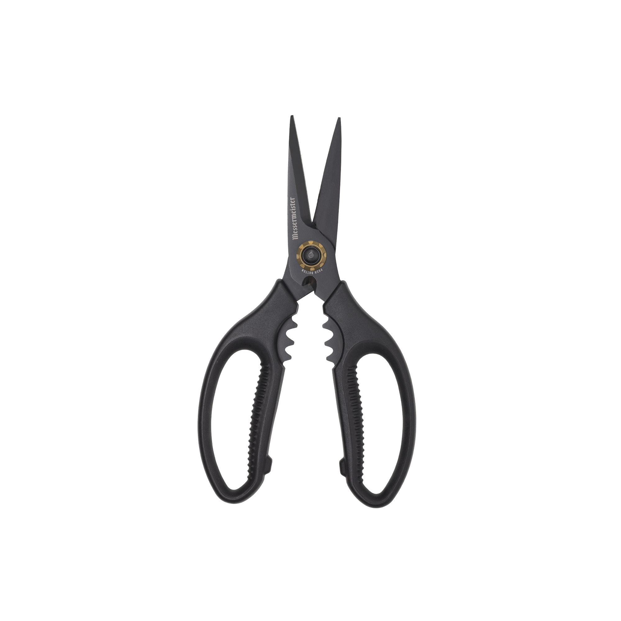 Esther Choi 7-inch push button take-apart precision shears standing upright with blades slightly open, featuring stainless steel precision blades, ergonomic handles, and a detachable design for detailed kitchen prep and easy cleaning